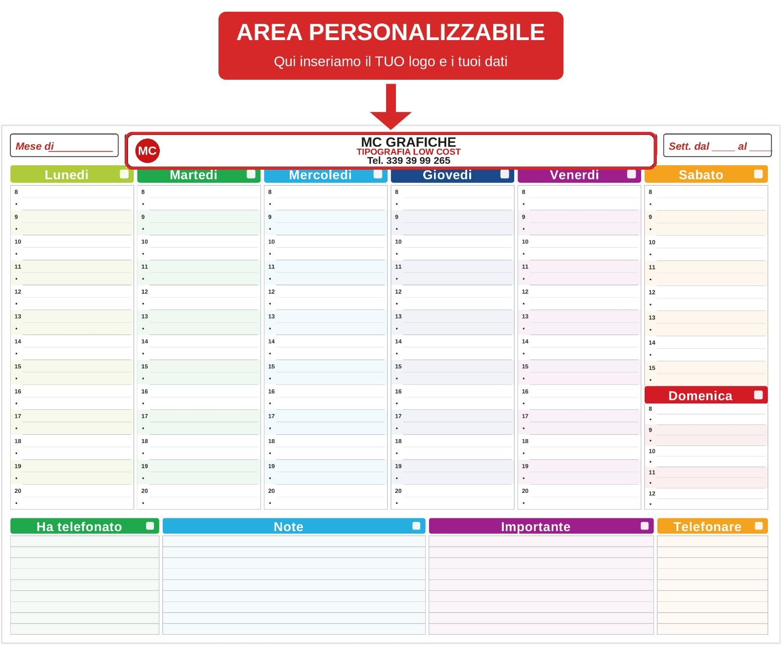 Planner Settimanale Personalizzabile con Logo – 20 Blocchi da 52 Fogli – Planning da Scrivania e Sottomano da Banco 47 x 32 cm – Carta Usomano 100 g – Made in Italy