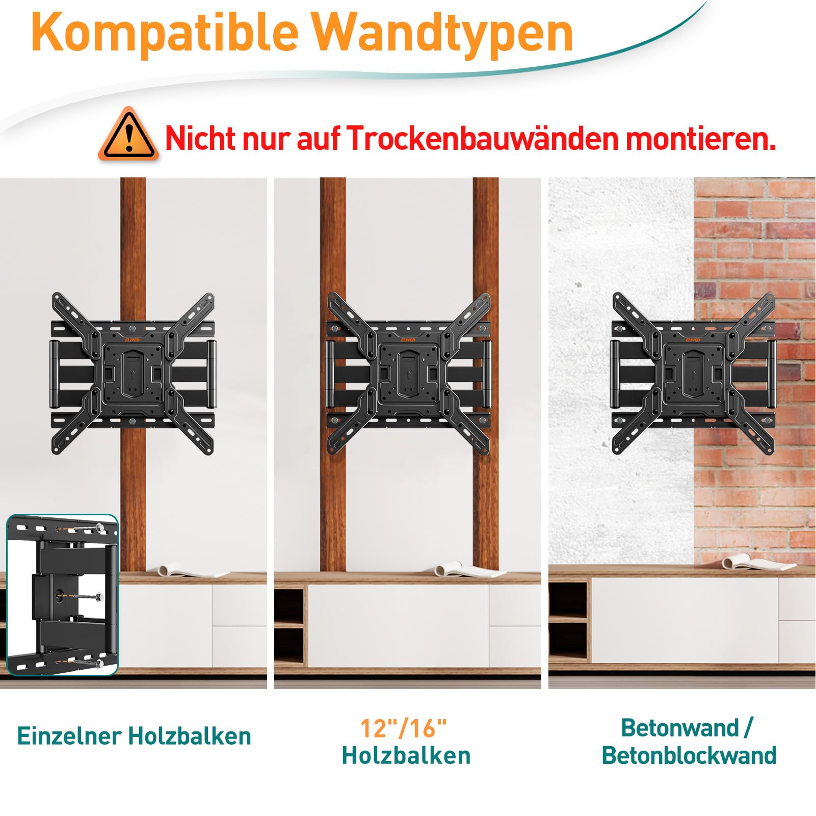 ELIVED Ultra Slim TV Wandhalterung für 26-60 Zoll Fernseher, Low Profile Wandhalterung TV schwenken und neigen, Max VESA 400x400mm, hält bis zu 40kg. Max 16“ Holzständer TV Halterung EV3033