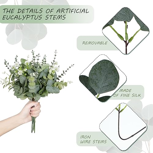 Miniatura 10 de Hojas de eucalipto tallos a granel, 120 unidades, 4 tipos de flores artificiales mixtas, guirnalda de eucalipto, paquete de flores sintéticas en