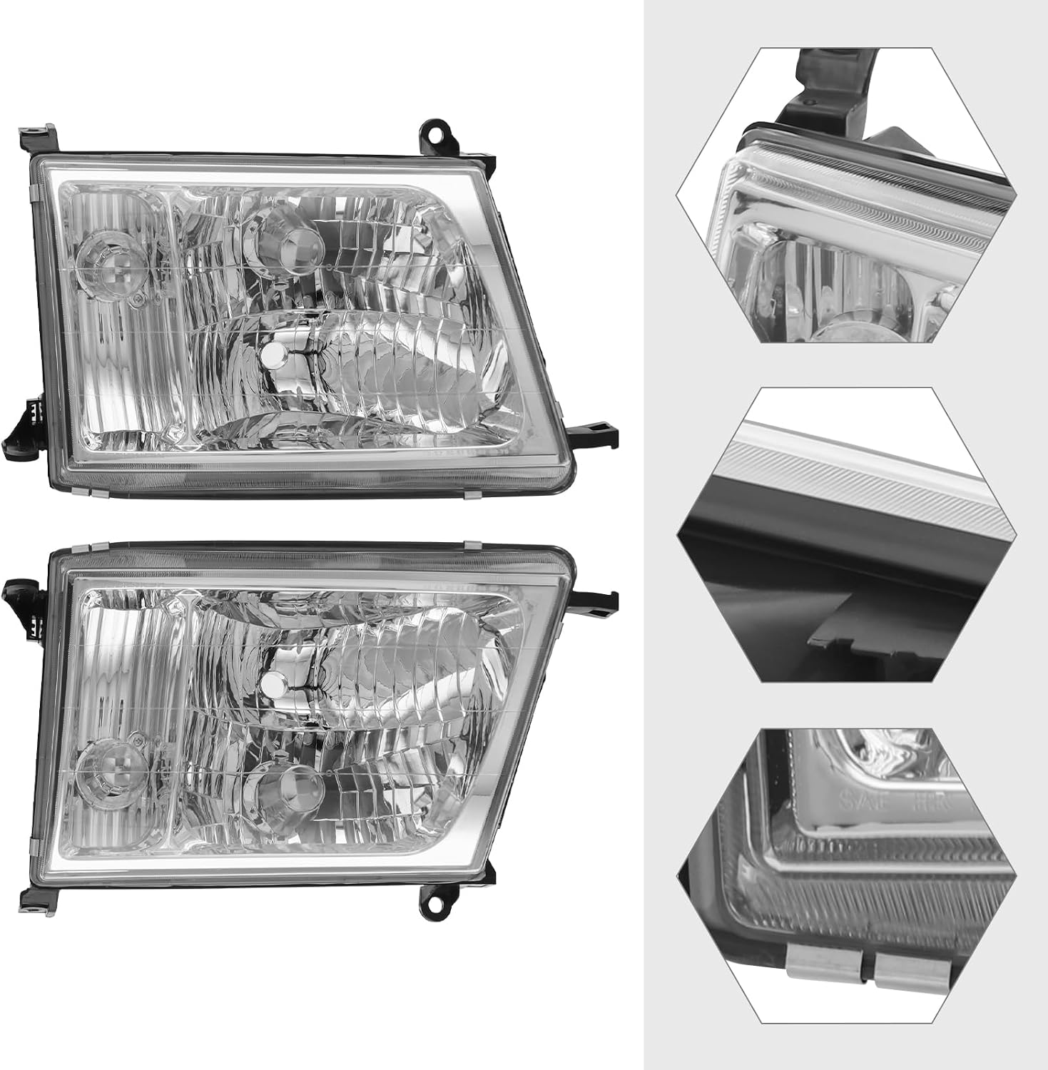 Halogen Headlight Assembly Pair for 1998-2005 Toyota Land Cruiser 100 (NO Side Marker Light, NO LED DRL) Direct Replacement Headlamp Passenger and Driver Side OE/OEM 8101060042, 8105060041
