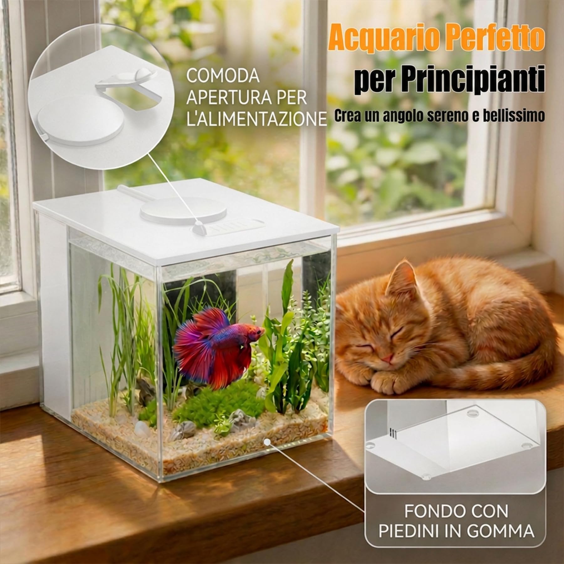 Vehipa 3,7 L Acquario Completo per Betta, Mini Acquario Completo con Pompa Filtro e Luce LED, Ideale per Pesci Piccoli, Gamberetti e Piante (Bianco)