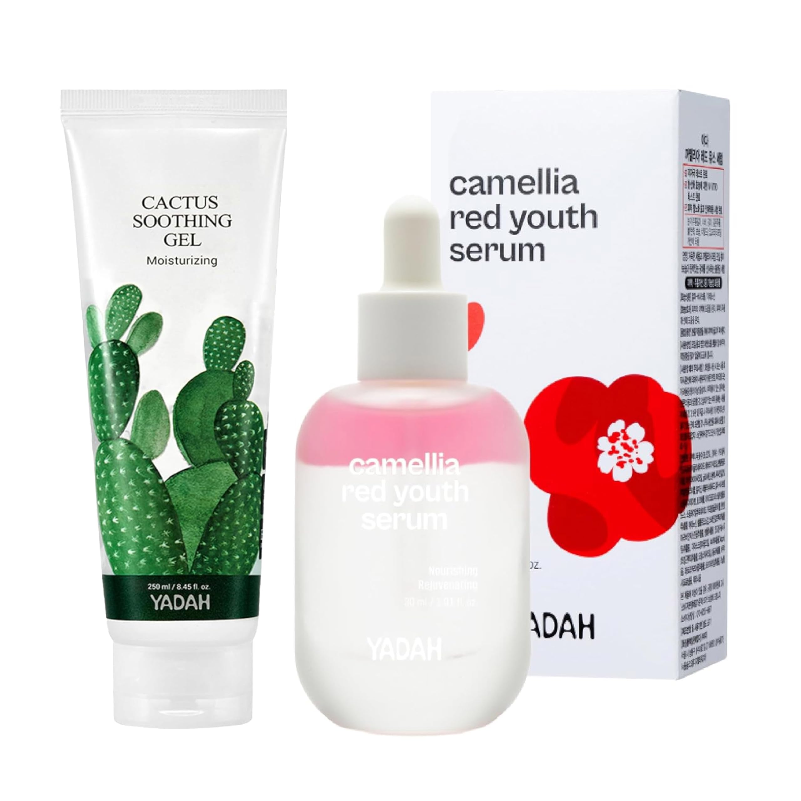 YADAH Cactus Soothing Gel 8.45fl oz & Camellia Red Youth Serum 1.01fl oz - Vegan Sunburn Relief, Calm, Cool & Soothe Irritated Skin Korean Skin Care - Wrinkle care Hydratin & Firming care Facial Serum
