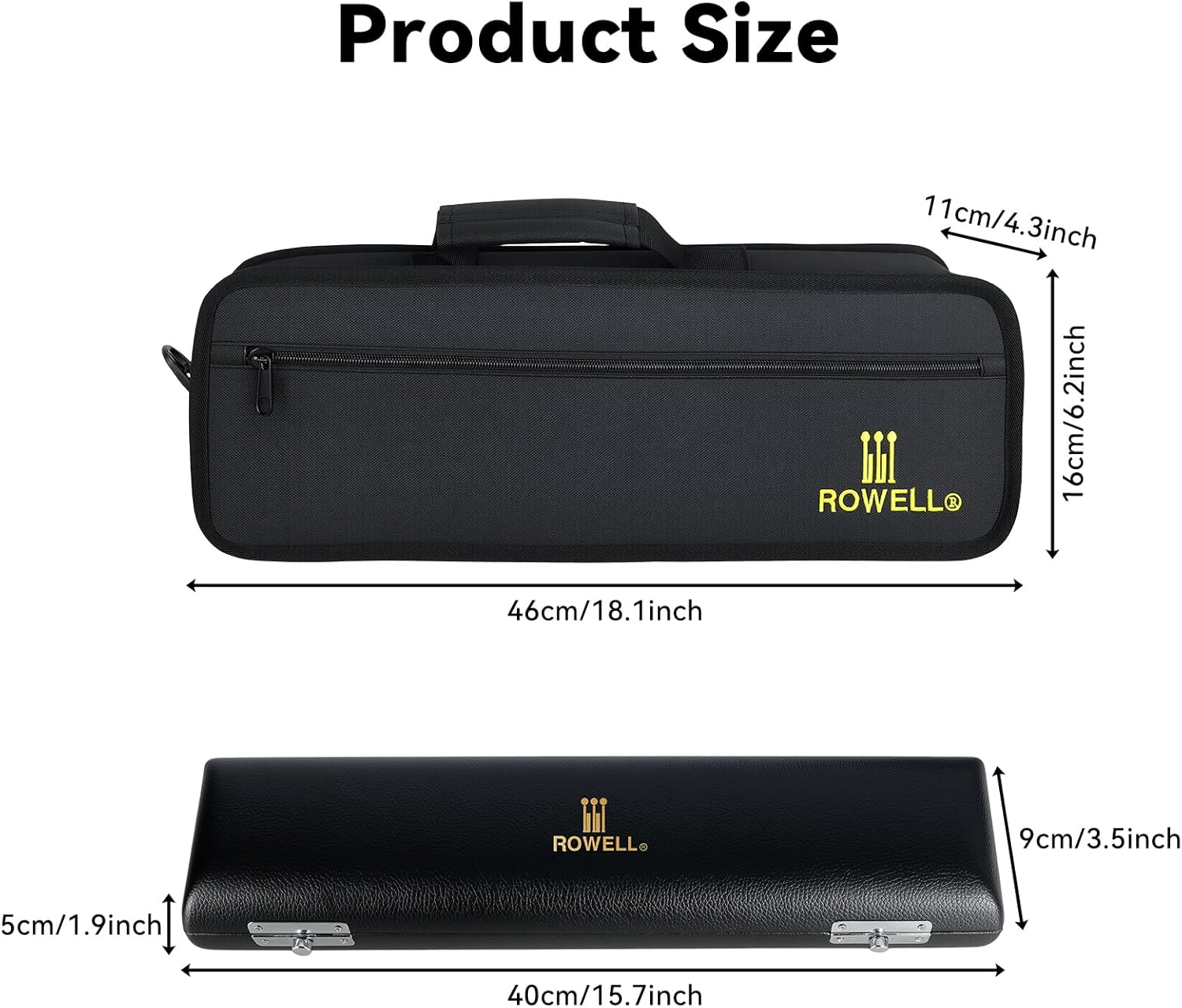 ROWELL Flute Bag and Case Set 600D Nylon Exterior and Leatherette-Wrapped Paulownia Wood Box with Supportive PVC Board Sponge Interior Ergonomic Strap for 16/17 Key Flute Travel and Performance