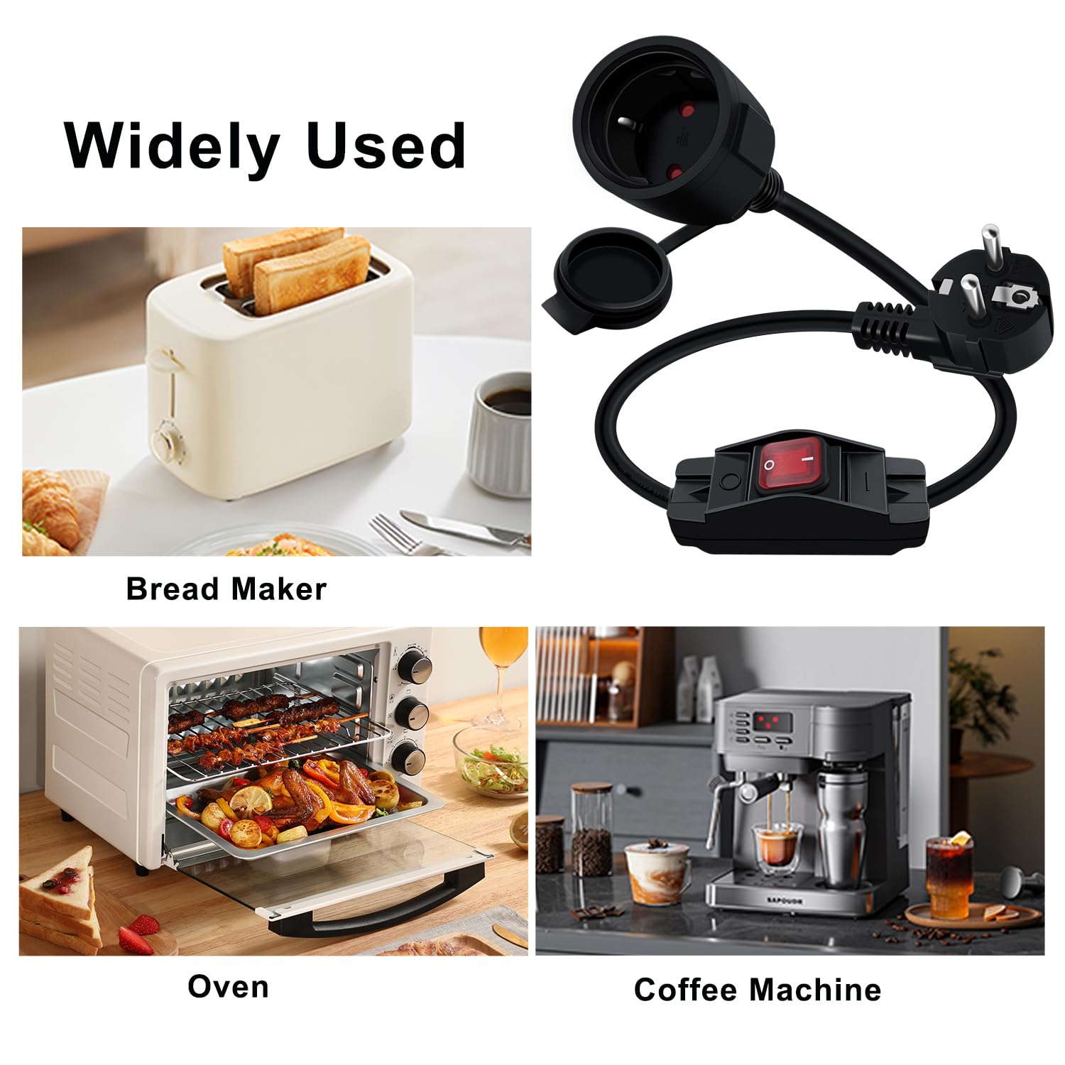 Przedłużacz z wtyczką Schuko i wyłącznikiem 16 A 250 V 90 stopni Kabel Schuko z wyłącznikiem 2 AC do gniazdka IP44 do użytku na zewnątrz lub wewnątrz, w domu, biurze (Czarny, 1 m)