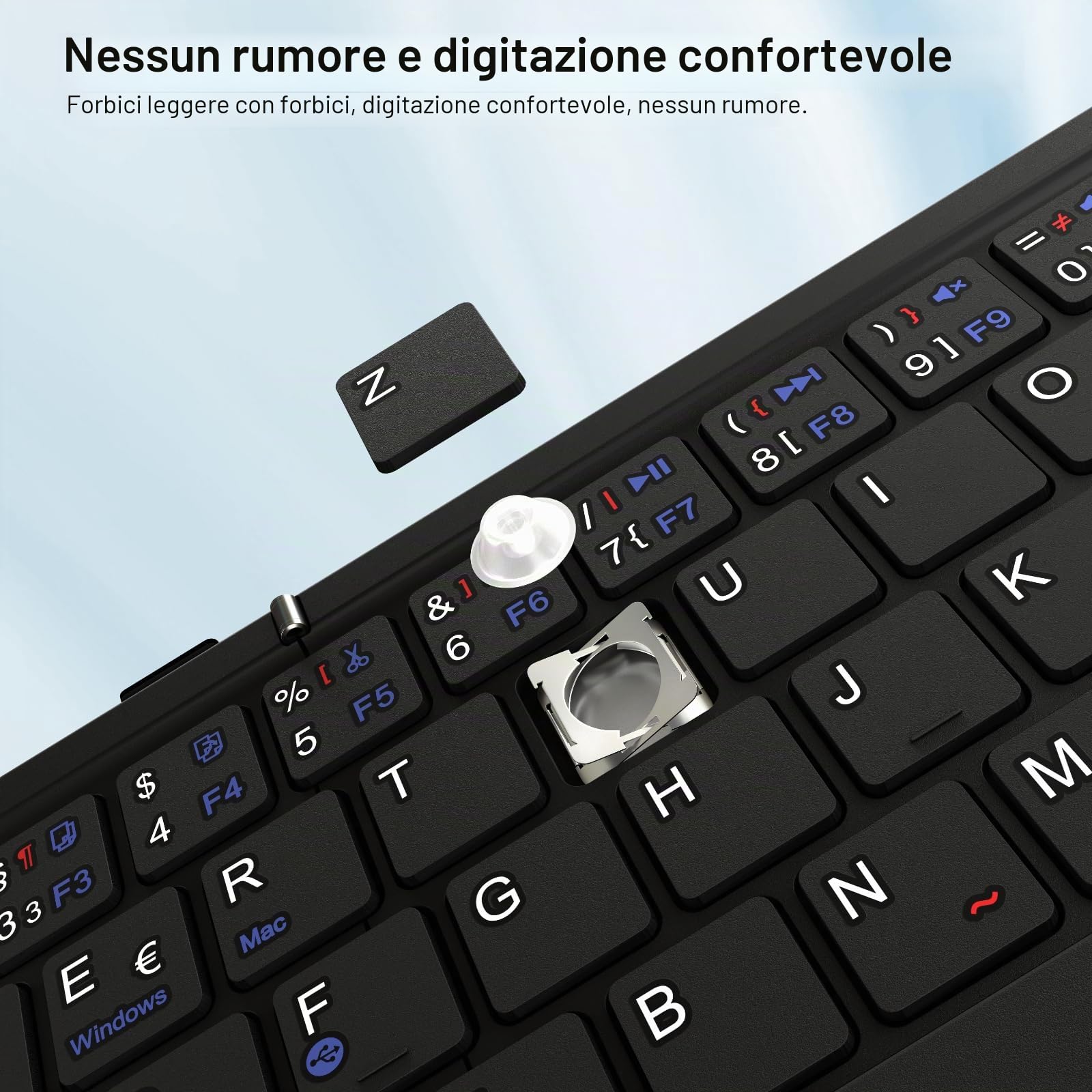 Tastiera Bluetooth pieghevole con touchpad, collega quattro dispositivi, connessione Bluetooth + cavo USB, QWERTZ tedesco con trackpad, per iOS, Android, Windows, laptop, PC