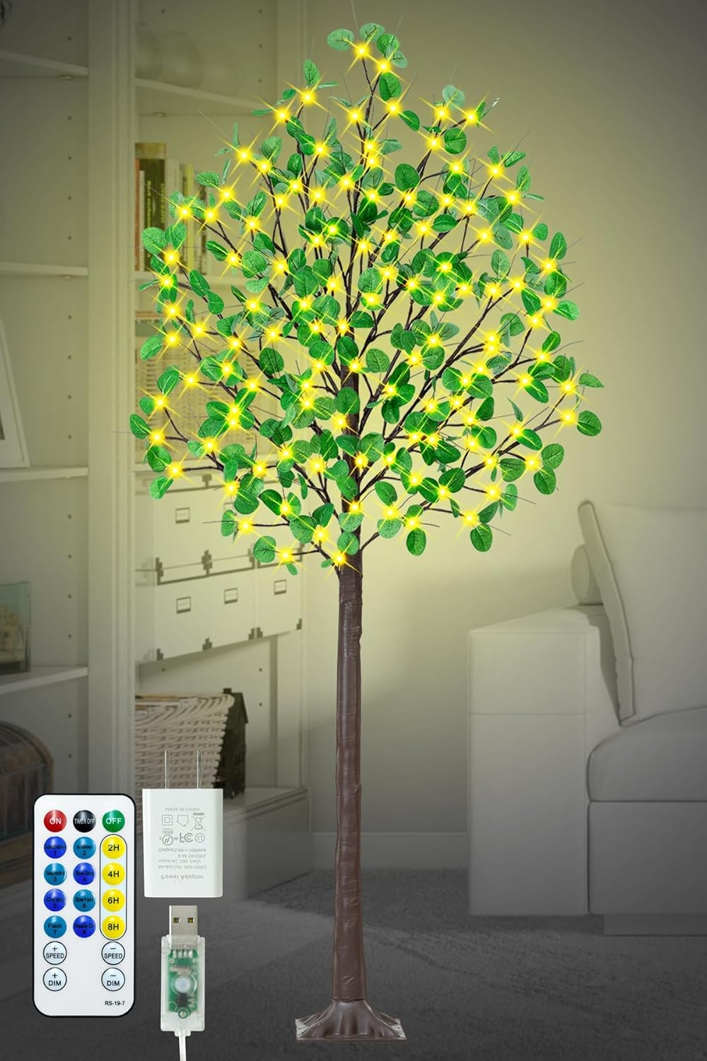 lighted eucalyptus tree artificial 6ft 130 led lights for decoration inside outside, prelit fake tree with 260 leaves remote electric greenery lights for christmas wedding holiday home decor 6 feet