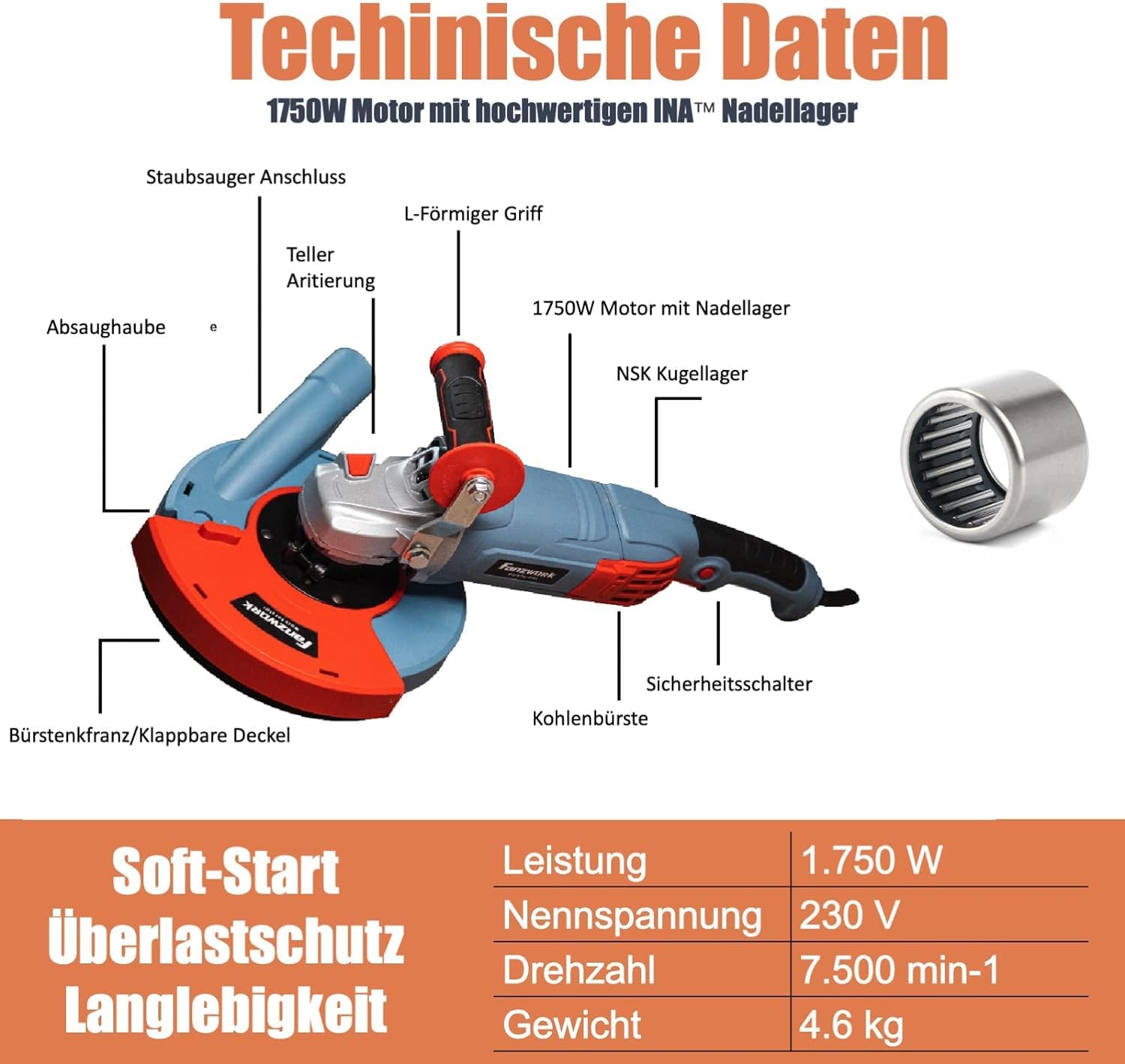 FANZWORK Zestaw szlifierek do betonu 1750W/180mm, 7500 min-1 obr/min, w tym 2 szt. Tarcze diamentowe Premium 180 mm, osłona ssąca, uchwyt w kształcie litery L