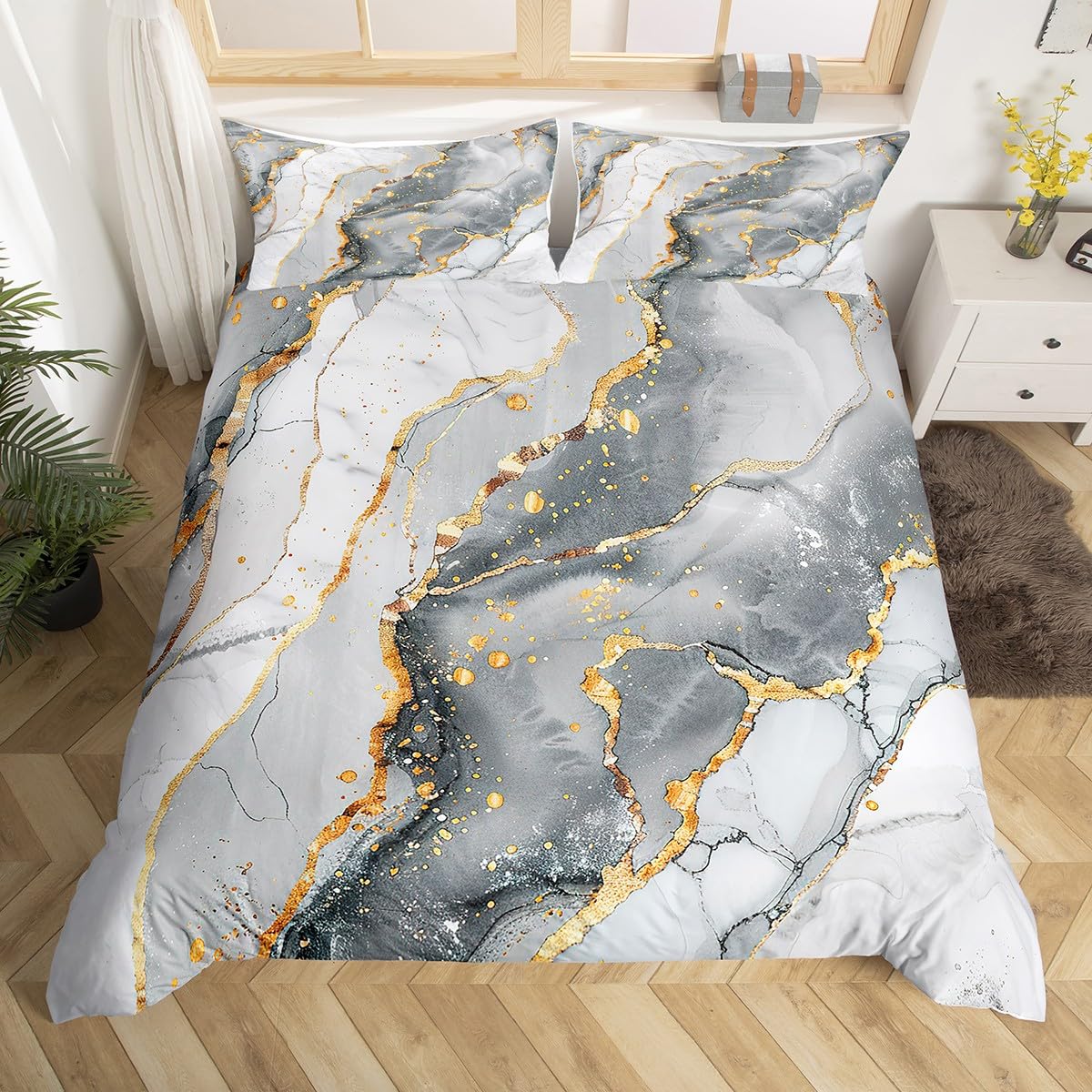 feelingyou Grey Marble Duvet Cover Set Double White Grey Gold Glitter Comforter Cover Abstract Stone Texture Bedding Set 3pcs for Kids Boys Teens Room Decor, Marbling Bedspread with 2 Pillowcases