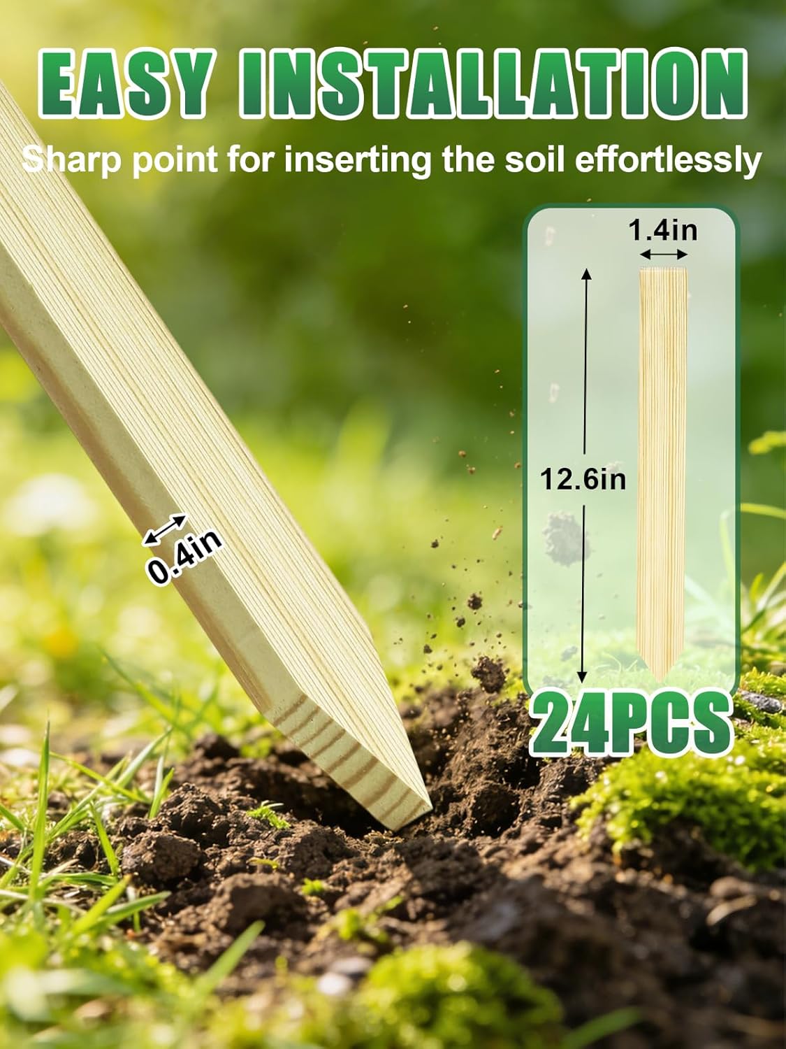 12.6" H Natural Pine Wooden Stakes for Garden Edging, 24 Pcs Weather-Resistant Garden Fence Survey Stakes with Varnish Coating, Property Line Markers for Landscaping