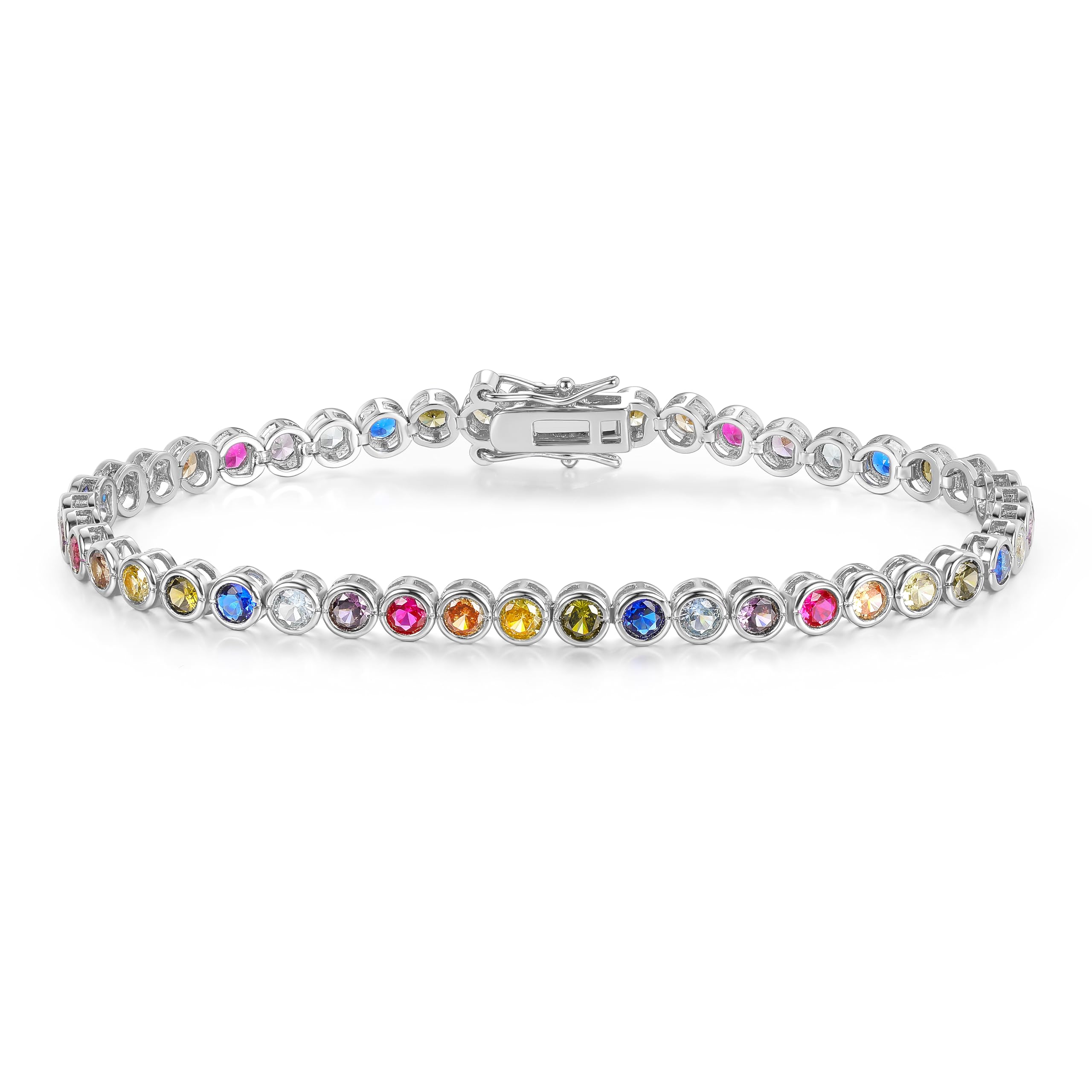 Gemsme 3.0mm Colorful Tennis Link Bracelet, 18K White/Yellow Gold Plated Bezel-Set 3MM Cubic Zirconia Rainbow Tennis Bracelet for Women 6-8.5 Inches