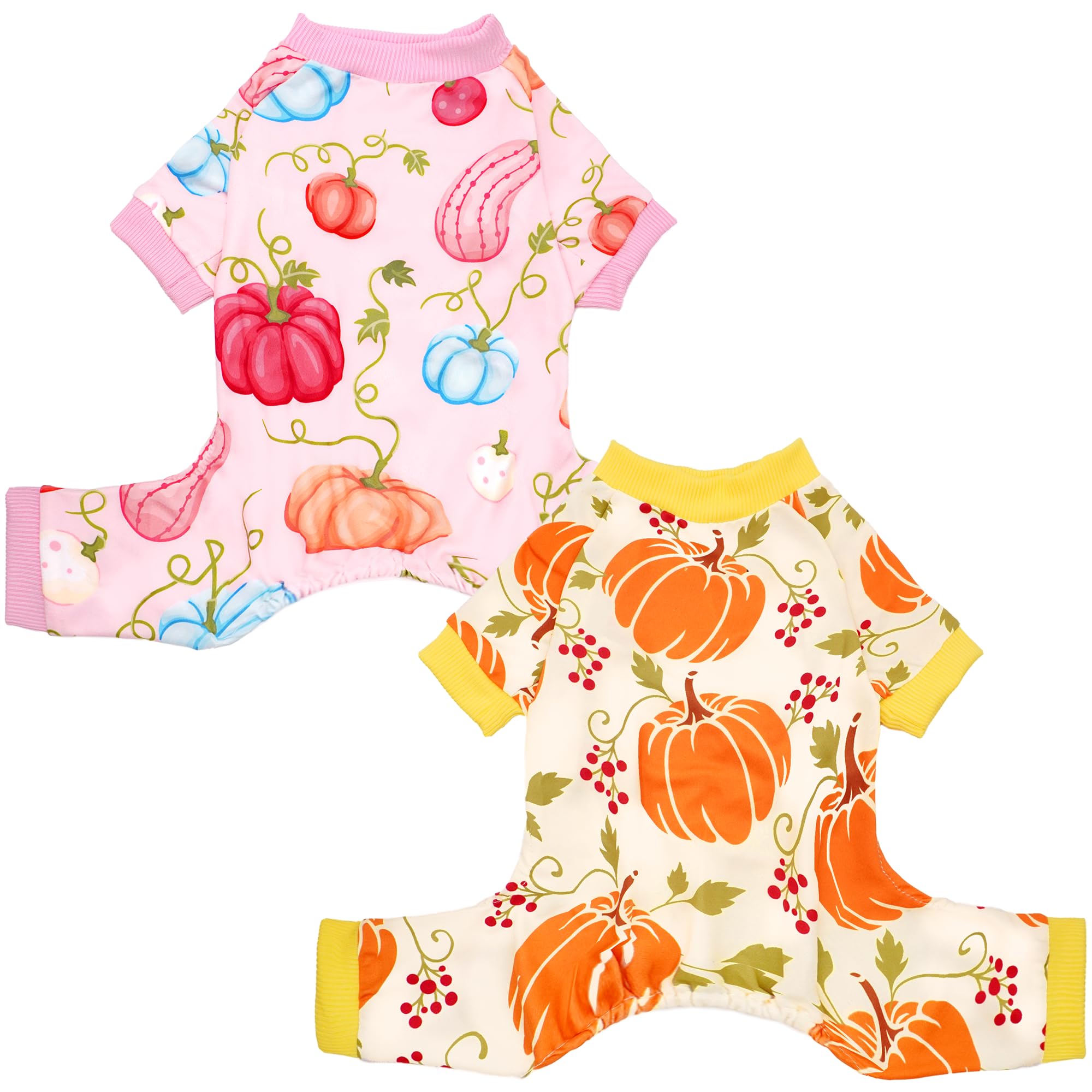 JpGdn 2PCS/Pack Fall Dog Pajamas for Extra Small Dog Pjs Doggies Puppy Onesies Pet Jammies Boy Girl Male Female Pink Yellow Autumn Pyjamas Pumpkin Breathable Stretchy Lightweight Soft XS