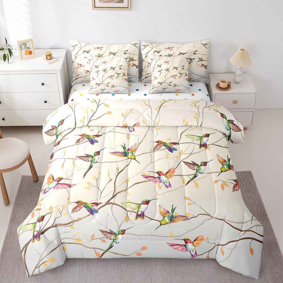 Erosebridal Hummingbird Bedding Set Queen Size 7 Pcs,Watercolor Branches Bed in a Bag with Flat Fitted Sheet,Cute Bird Animal Comforter Set with Pillowcase and Sham,Tree Branches Botanical Bed Sheets