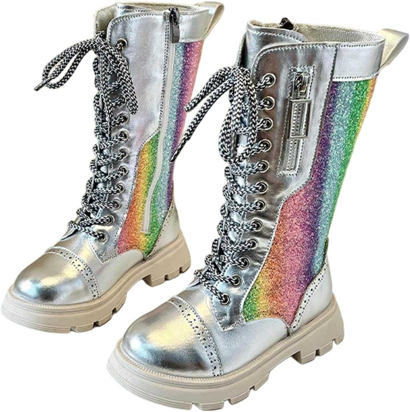 Girls Glitter Faux Leather Combat Boots with Side Zipper Fashion Lace Up Low Heel Mid Calf Riding Boot Shoes