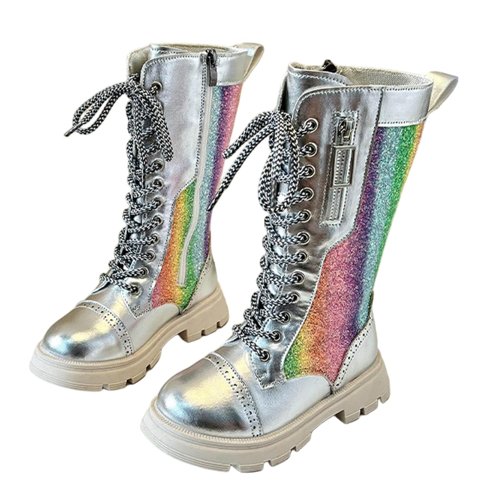 Regenbogenfarbene Pailletten Stiefel für Mädchen Schnürung Boot
