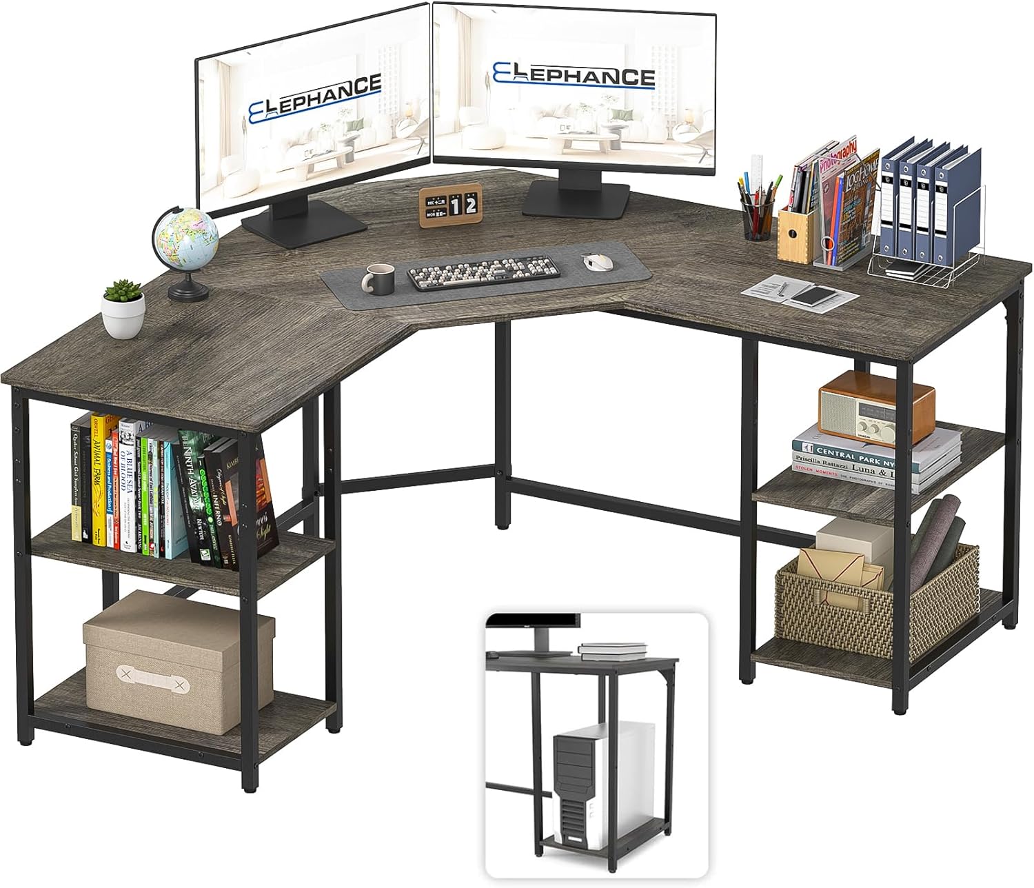 Elephance Large L-Shaped Computer Desk with Shelves, Corner Desk, Home Office Writing Workstation, Gaming Desk PC Latop Table with Storage