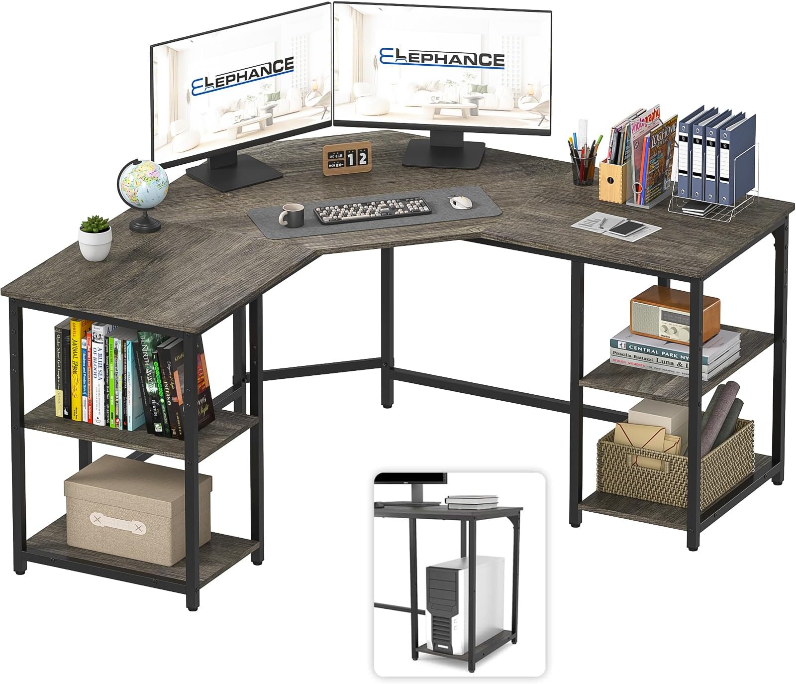 Elephance Large L-Shaped Computer Desk with Shelves, Corner Desk, Home Office Writing Workstation, Gaming Desk PC Latop Table with Storage