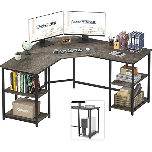 Elephance Large L-Shaped Computer Desk with Shelves, Corner Desk, Home Office Writing Workstation, Gaming Desk PC Latop Table with Storage