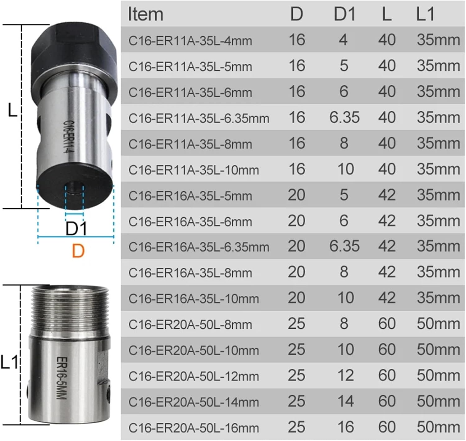 CNC Lathe Chuck 1pc ER11 ER16 ER20 Collet Chuck Shaft Lathe Tools Spindle Extension Rod 4mm-16mm(C20-ER16A-32L-6.35MM)