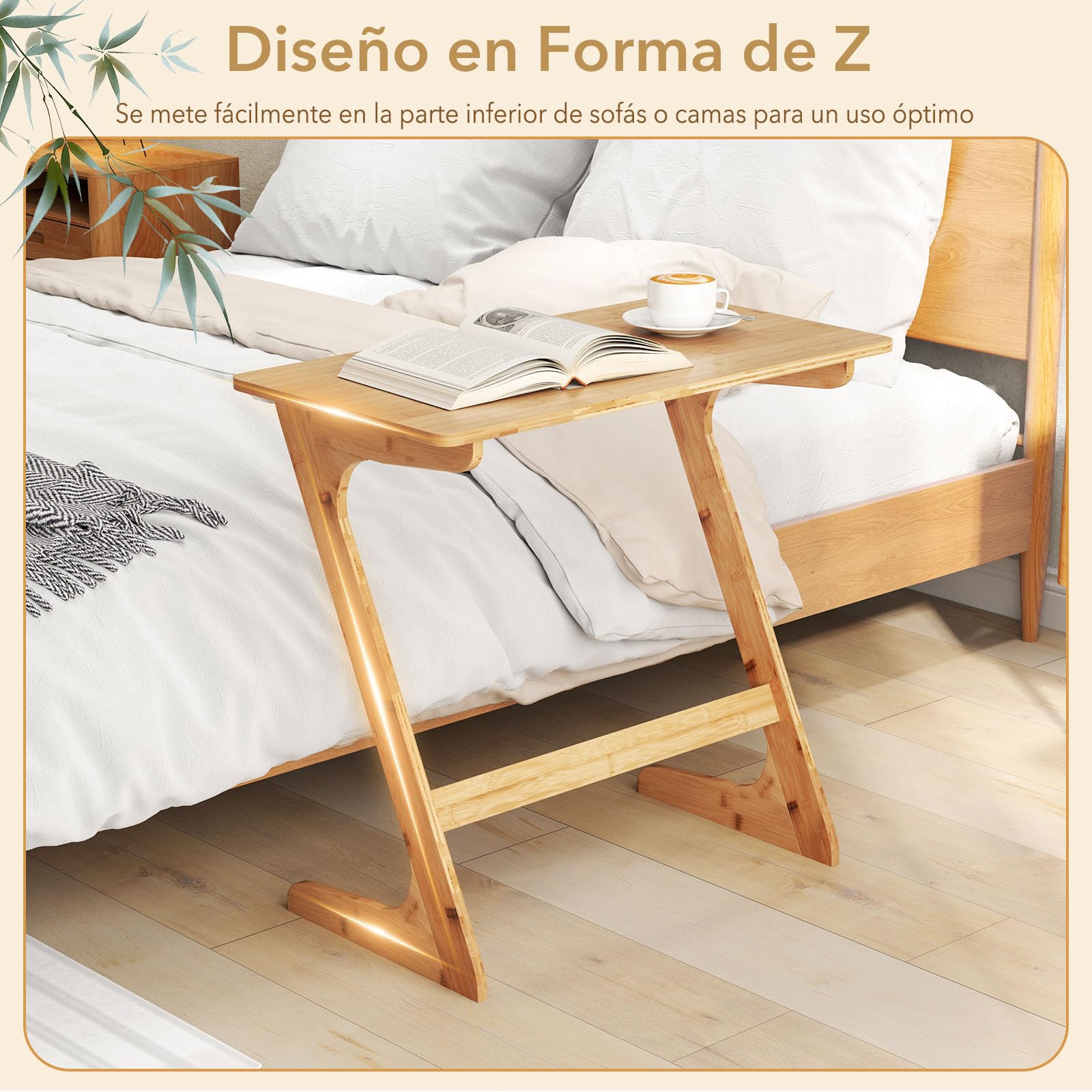 GIANTEX Mesa Auxiliar de Bambú, Mesa Lateral en Forma de Z para Sofá y Cama, Escritorio para Portátil Moderno para Salón, Dormitorio, Estudio, Oficina, 75 x 40 x 70 cm (Natural)