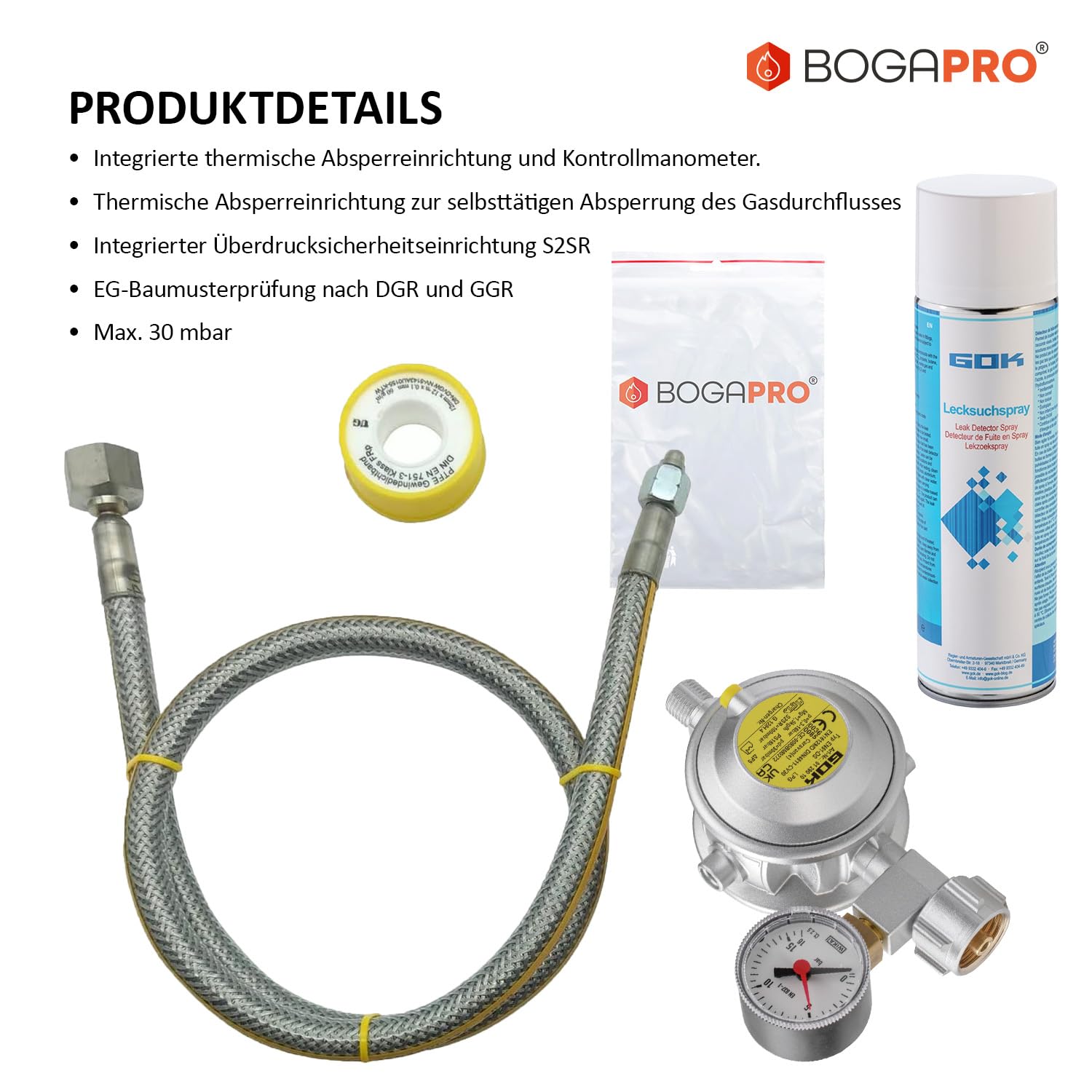 GOK Herd Anschluss Set Pro, mit Kontrollmanometer, Absperreinrichtung, 200 cm Gasschlauch und Teflonband, 30 mBar Betriebsdruck, inkl. Lecksuchspray und Polybeutel
