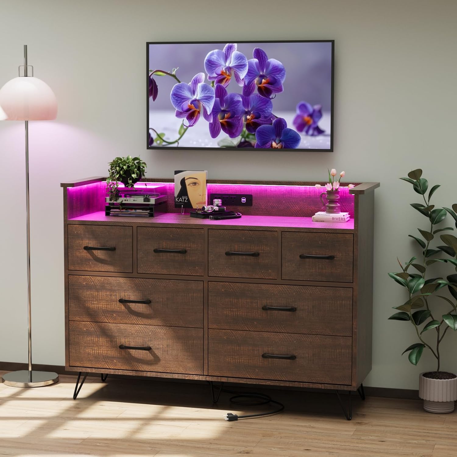 Jojoka Modern 8-Drawer Dresser Wide with LED Lights & Charging Station, Sturdy Steel Frame Wooden Top, Open Shelf, Bedroom Hallway Storage – Antique Dark