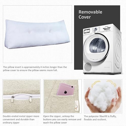 Miniatura 6 de WOWMAX Almohada de cuña para cabecero de cama de día, con funda extraíble, sin botones, tamaño matrimonial