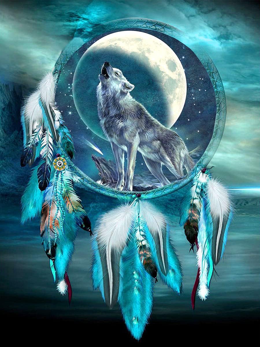 VAIIEYO 5D Diamond Painting Kits Wolf, Paint with Diamonds Art Dreamcatcher,Paint by Numbers Full Drill Round Rhinestone Craft Canvas for Home Wall Decor 12x16 inch