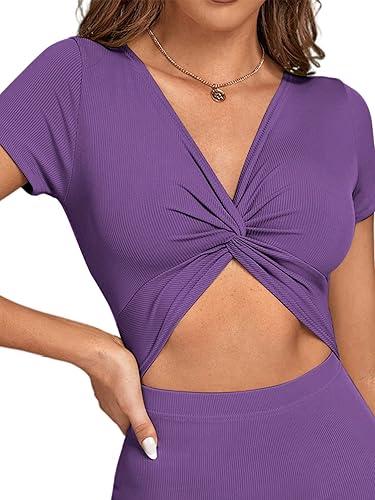 Miniatura 8 de LYANER Vestido midi de punto de manga corta con cuello en V y corte frontal para mujer