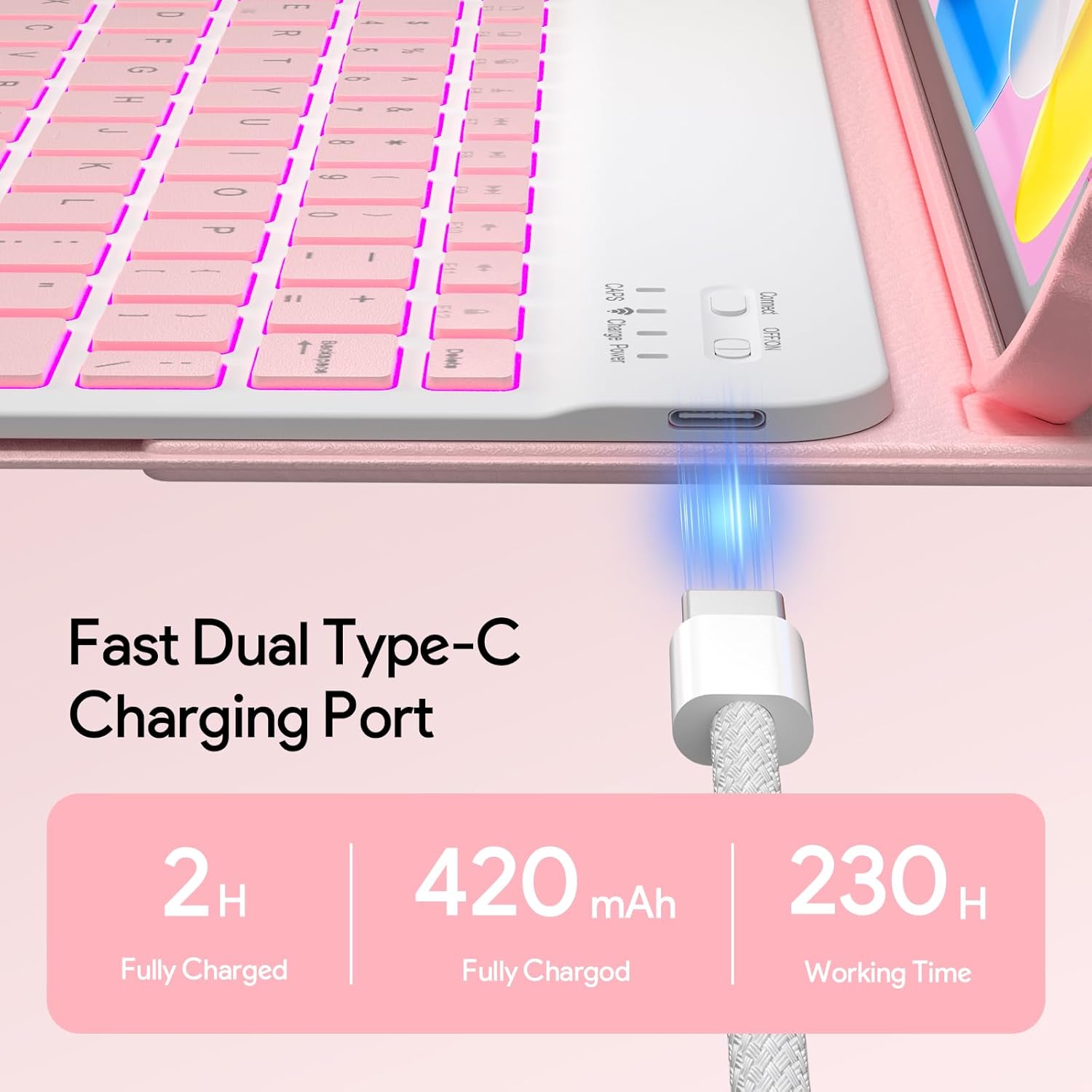 YBING for iPad A16 Case with Keyboard 11th &10th Generation, 360 Rotation Magnetic Cover with 7-Color Backlit Wireless Detachable Keypad with Pencil Holder for iPad 11th 2025/10 Gen 10.9" 2022 (Pink) - Image 6