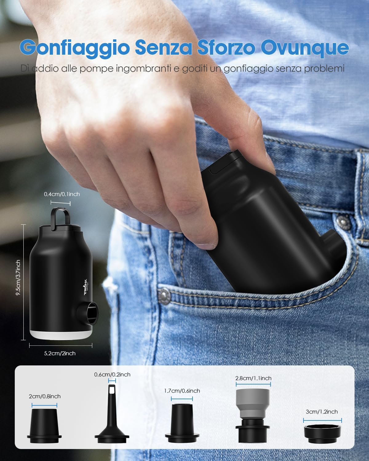 Pompa ad Aria Elettrica per Materasso Letto Gonfiabile, Sacchi Sottovuoto Vestiti– Mini Portatile, Ricaricabile, Gonfiaggio Rapido con 5 Ugelli, Luce LED, Spegnimento Auto per Anelli da Nuoto