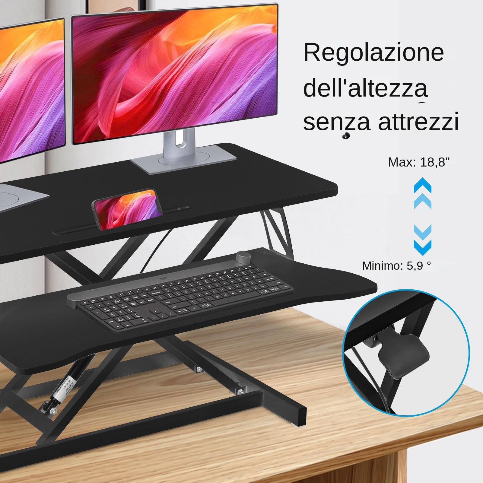 Generico Convertitore da scrivania da 38", altezza regolabile, postazione di lavoro per 2 monitor e laptop con ampio vassoio per tastiera, postazione di lavoro per ufficio in piedi, nero