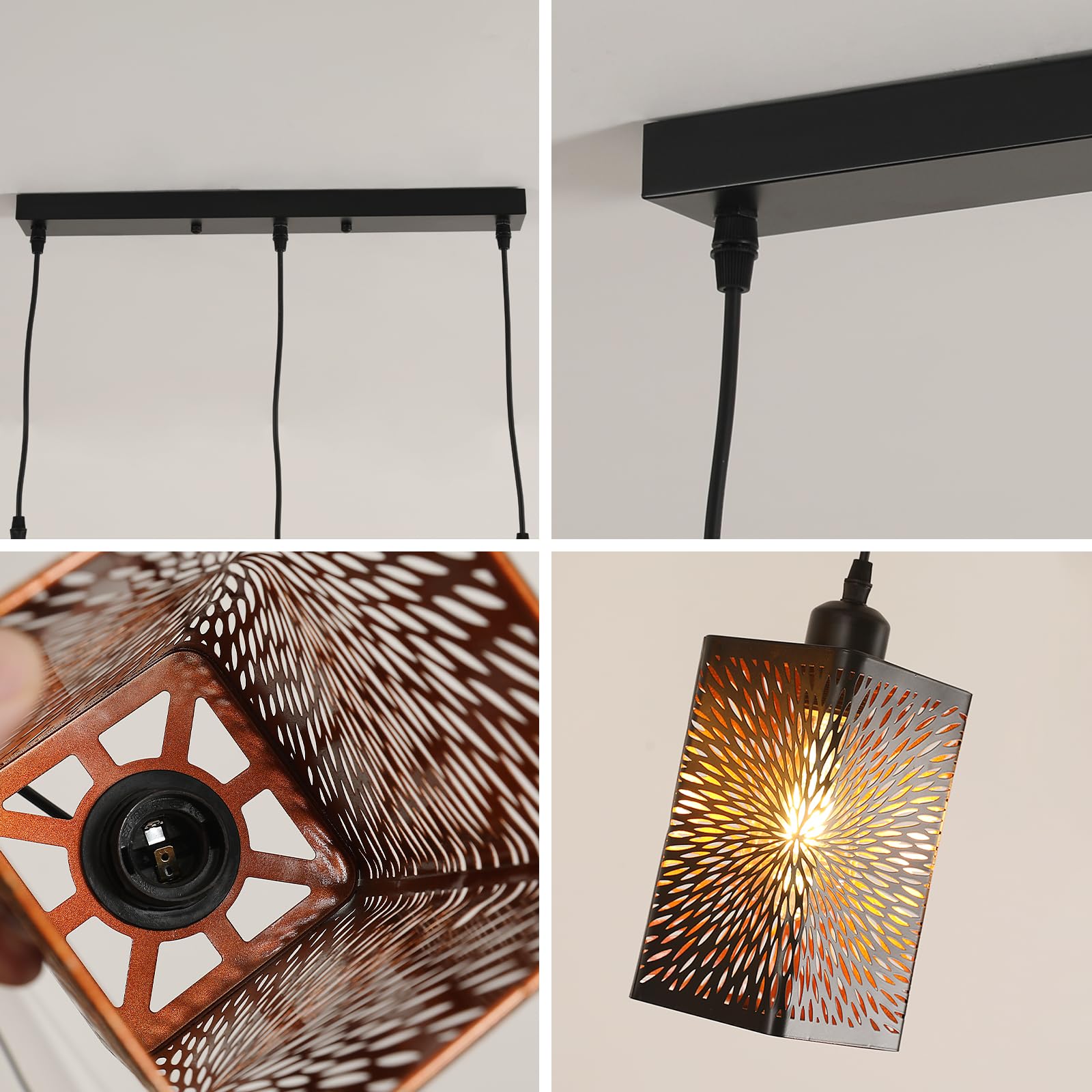 Goeco 3 Lustre Suspension Industrielle Design 3 Lampes, Luminaire Plafonnier Forme Feux d'artifice en Fer, E27 Lampe de Plafond Noir pour Salon Chambre Cuisine