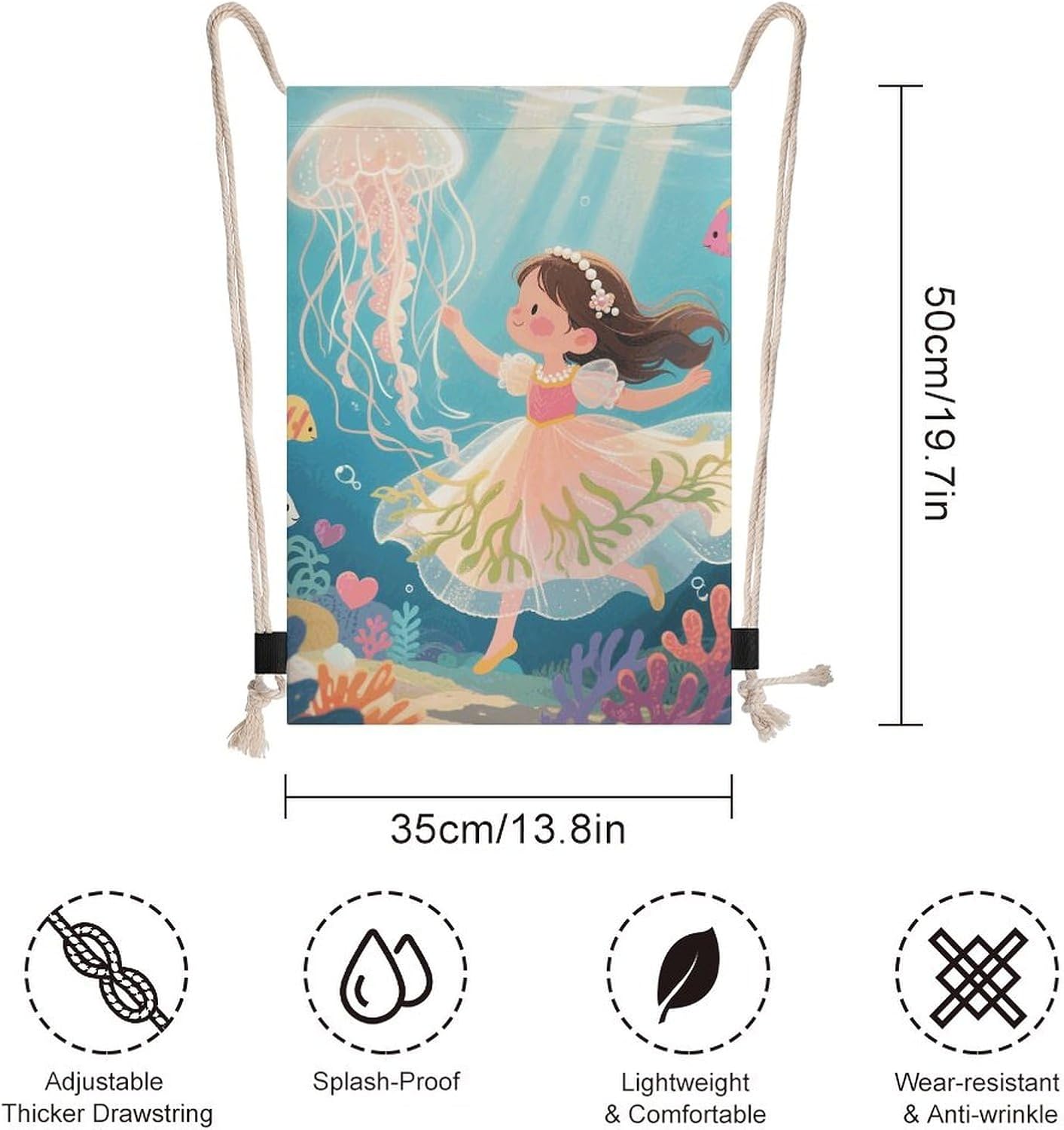 Girl in The Ocean Durable Large Drawstring Backpack image 2