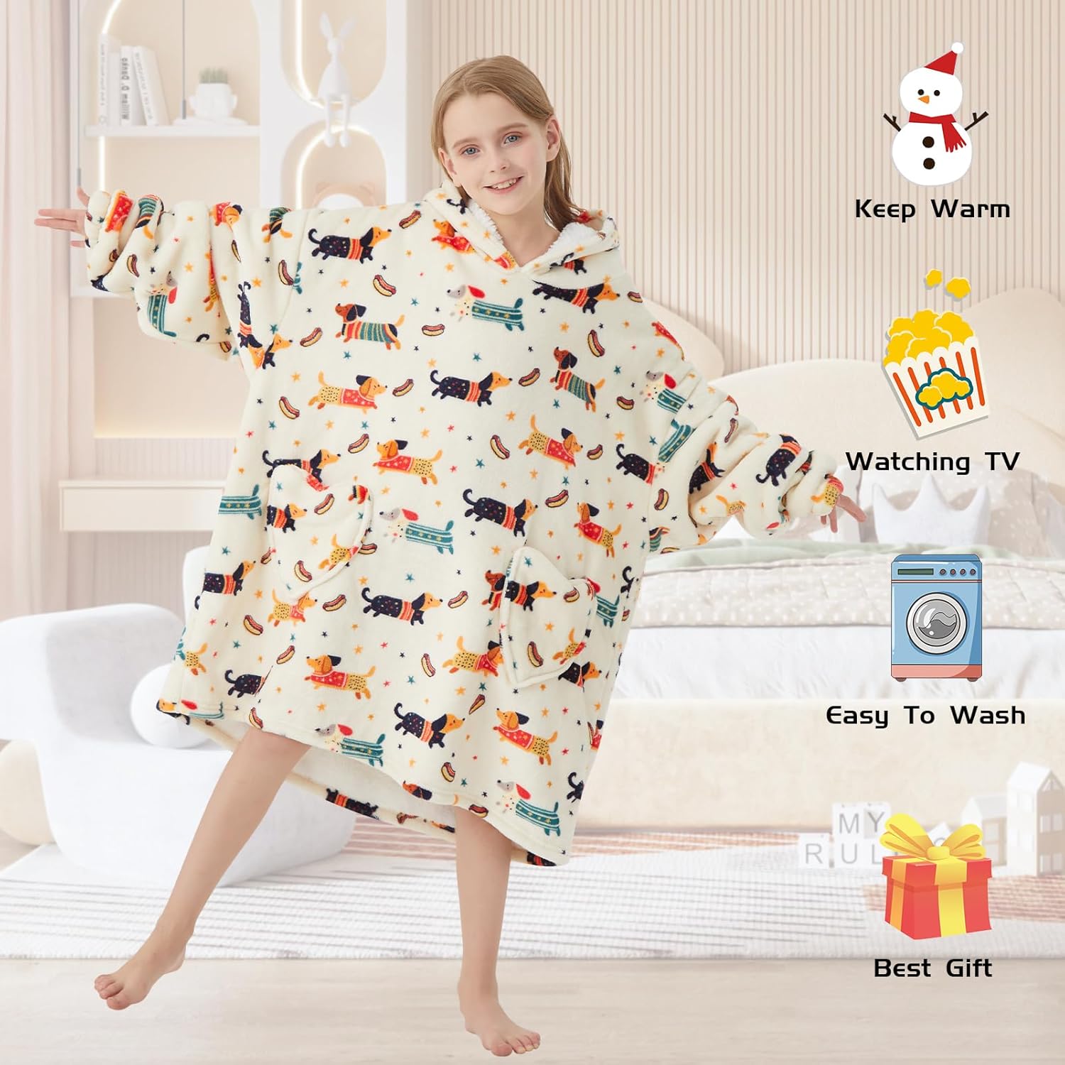 Wearable Blanket Hoodie for Kids Oversized Sherpa Blanket Hoodie for Kids Boys Girls Teens 6-13YR,Dachshund - Image 2