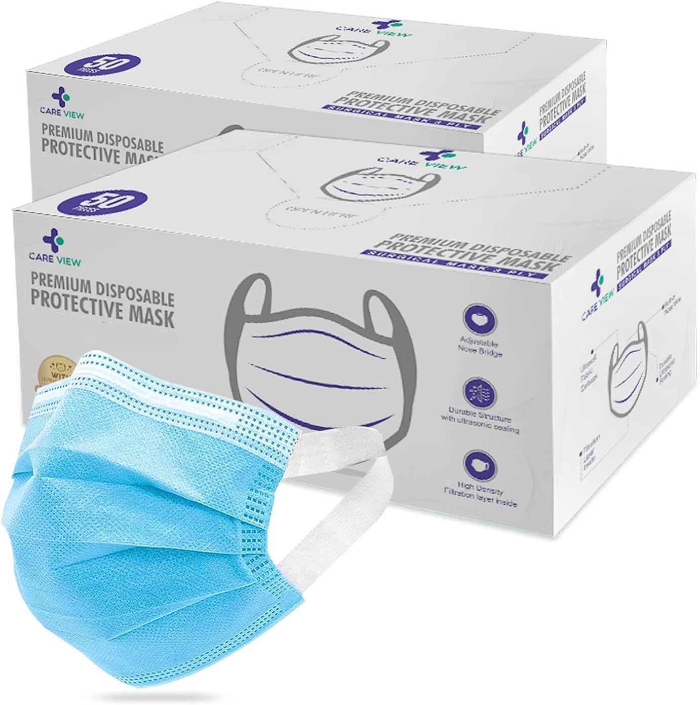 Careview 3 Ply Disposable Surgical Face Mask Box with FABRIC Earloop and built in Nose Pin, Certified by BFE>99% and PFE > 95%, SITRA, DRDO, ISO and CE (Pack of 100, BLUE)
