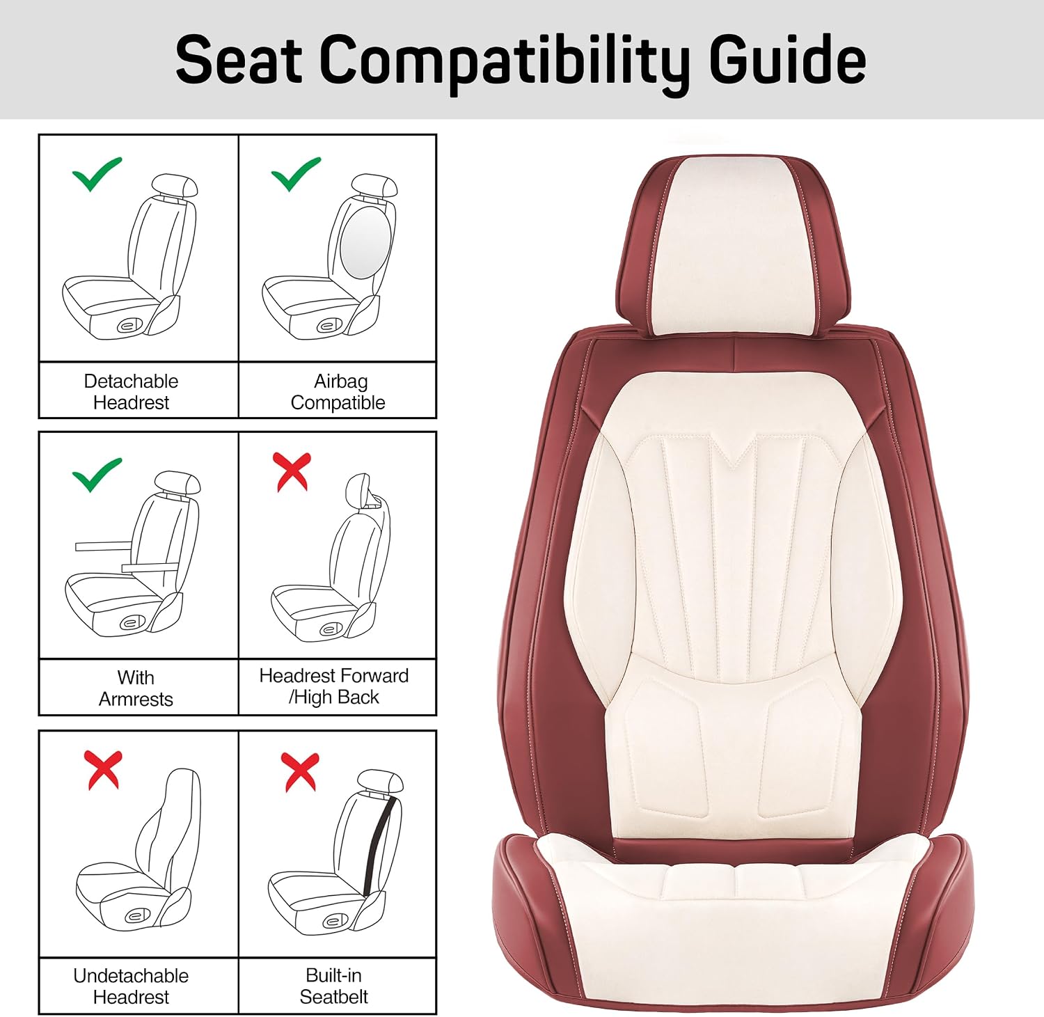 CAROMOP Universal Car Seat Covers Full Set, Plush Velvet & PU Leather with 3D Foam Back Support, Armrest Compatible for Cars, Trucks, SUVs (Beige/Red)
