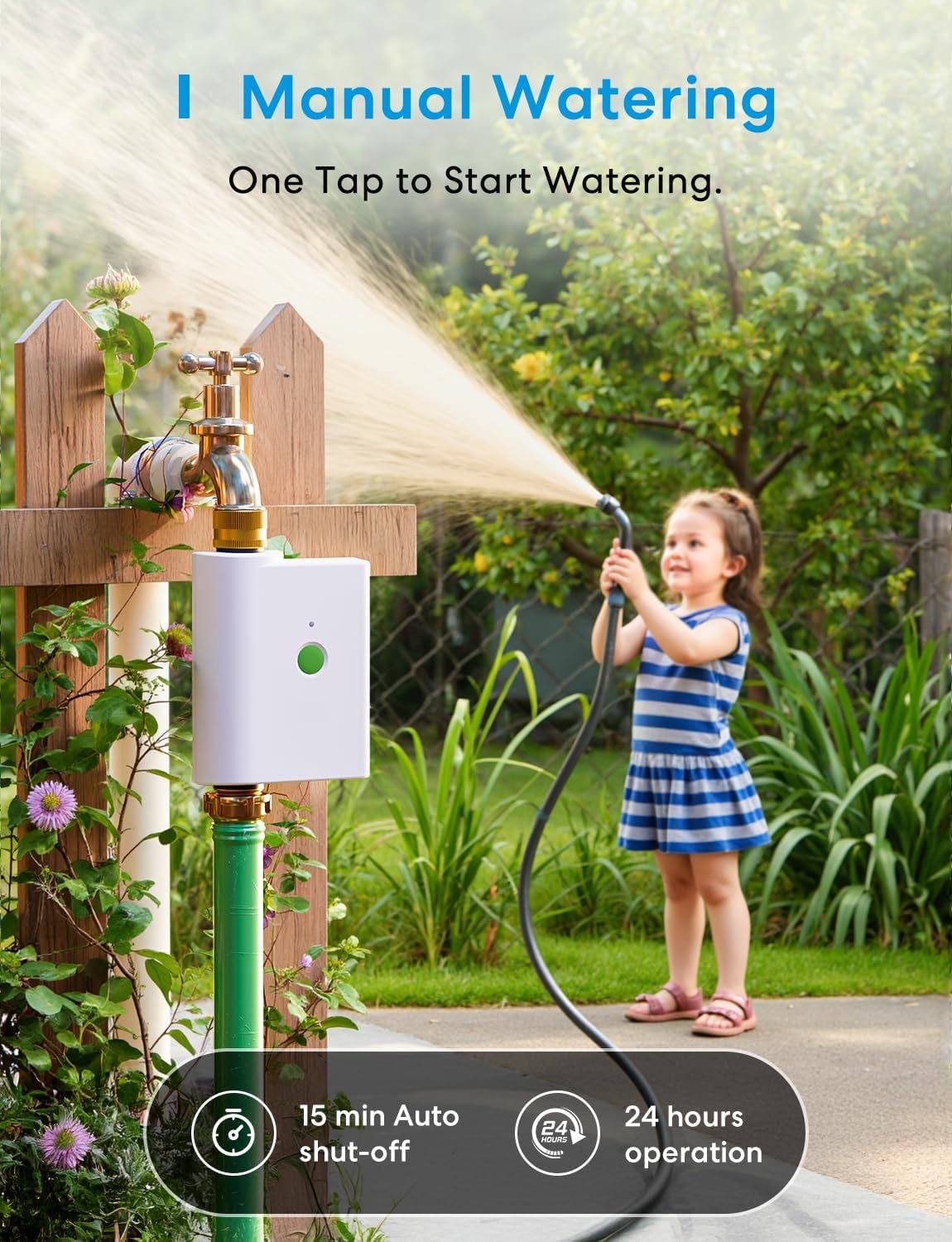Child watering garden with meross smart hose timer attached to faucet