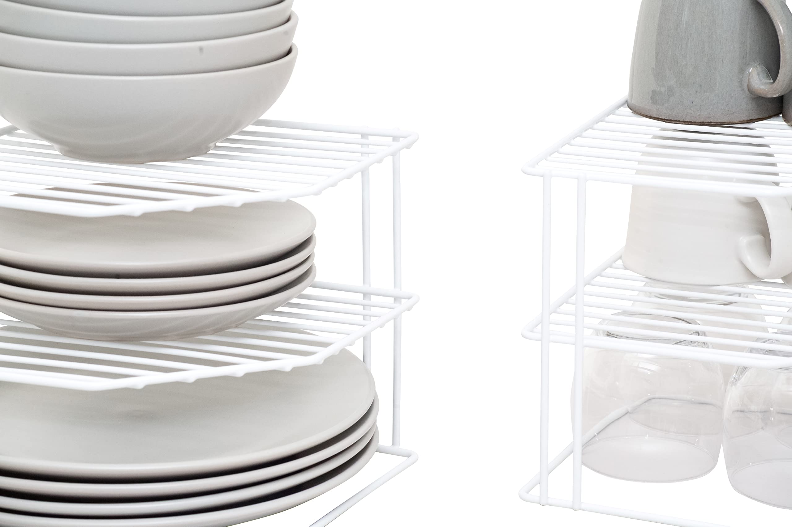 simplywire – Portapiatti a 3 Ripiani – Confezione da 2 Organizer per armadietti da Cucina – Acciaio Rivestito in Plastica Bianca