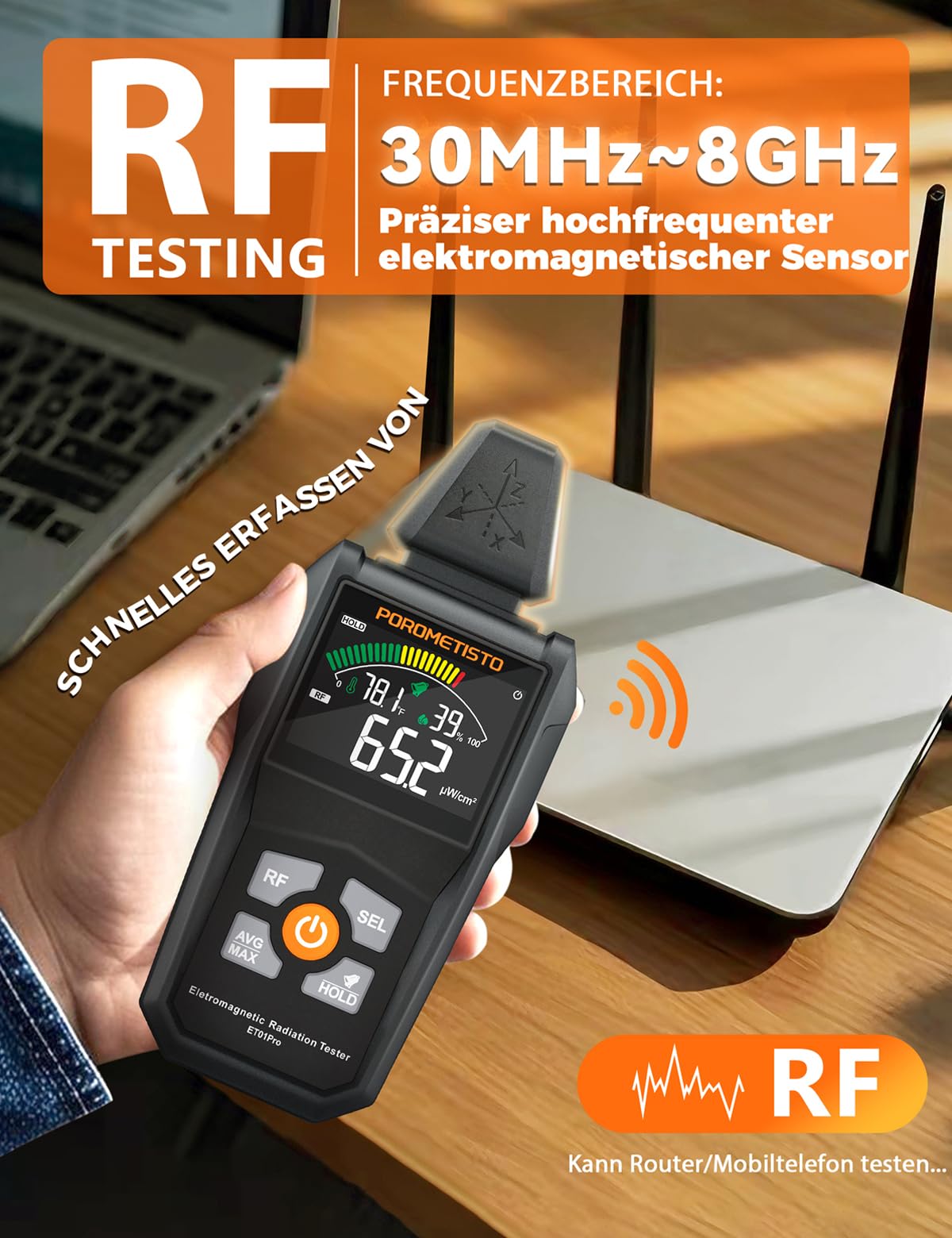 ET01PRO 5-in-1 EMF Messgerät – Elektrosmog Messgerät mit EF/MF/RF/Temperatur/Luftfeuchtigkeit, Max/Min/Speicher, Ideal für Profis, Zuhause & Geisterjagd
