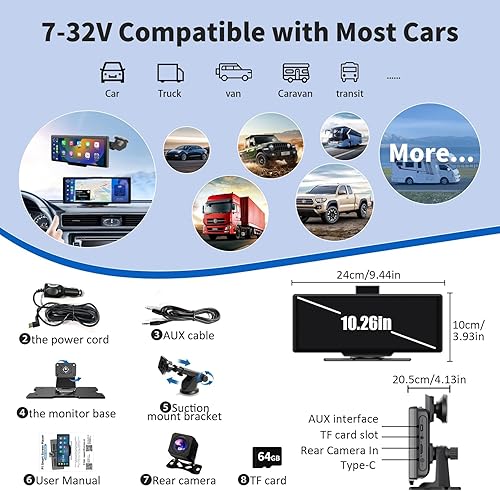 Miniatura 7 de Pantalla Carplay inalámbrica A, 10.26 pulgadas de juego de coche portátil y pantalla táctil automática Android, estéreo Bluetooth de doble DIN para