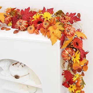 Fall Garland Decor 5ft Maple Leaf Garland Thanksgiving Decoration Hanging Vine Pumpkin Decor for Farmhouse, Fireplace, Front Door, Indoor Home Frame Doorway Backdrop Decor