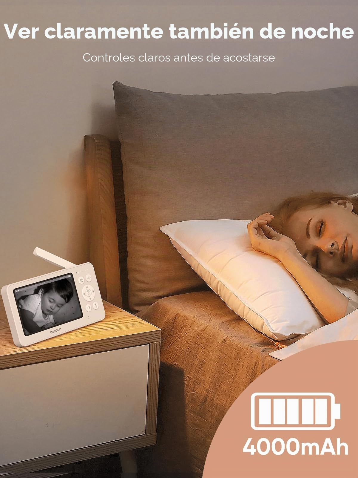 Bonoch - Babyphone (4,3 pulgadas, con cámara, 720p, batería 4000 mAh, sin Wi-Fi, visión nocturna, audio dúplex, modo VOX, sensor de temperatura, 8 canciones, zoom x2, x3, x4