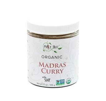 Spice Hut - Madras Curry Powder, Organic, with Salt, Madras Masala Indian Seasoning for Cooking Spicy South Asian Food / Yellow Indian Curry Desi Spice Blend / All-Natural, Kosher, Vegan, Gluten Free, Keto -No MSG- 3.7oz Glass Jar