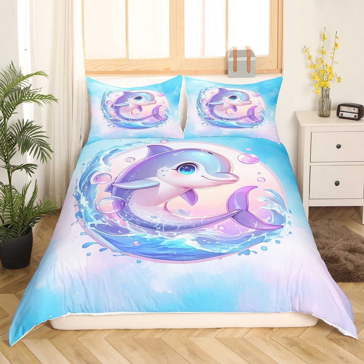 Kawaii Dolphin Duvet Cover Set Twin Size Ocean Marine Life Fish Bedding Set for Kids Girls Boys Teens Ombre Blue Pink Tie-dye Comforter Cover Dolphin Quilt Cover,1 Pillowcase(No Comforter)