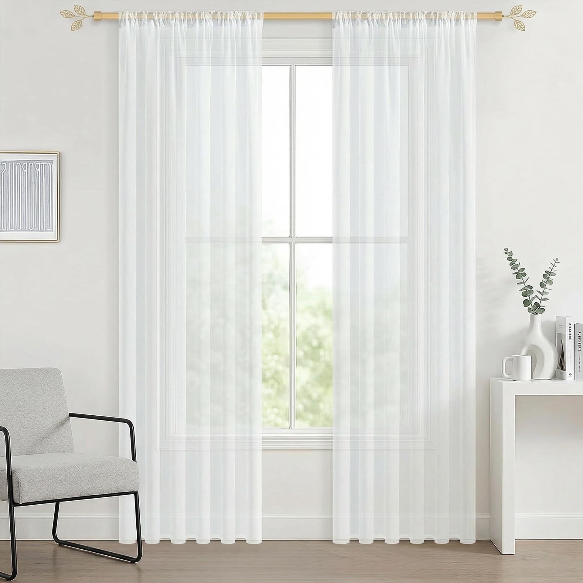 AMZYU Sheer Curtains for Living Room 195 x 260 cm Light Filtering Net Curtain for Windows Wrinkle Resistant Solid Colour, Privacy Protected for Bedroom and Kitchen, White