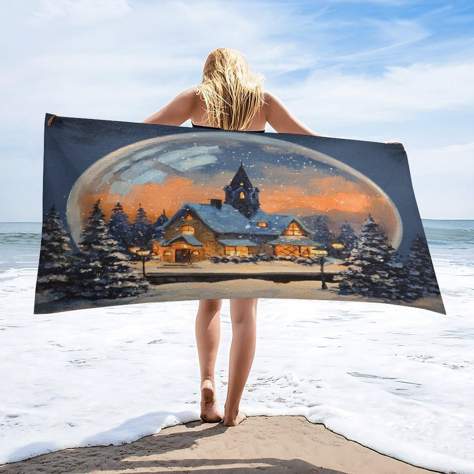 Luyysky Cute Funny Log Cabin Absorbent Beach Towel, Abstract Watercolor Winter Landscape Snowflake Pine Trees Pattern Outdoor Single-Sided Velvet Beach Towel-80 W Cm X 160" L Cm