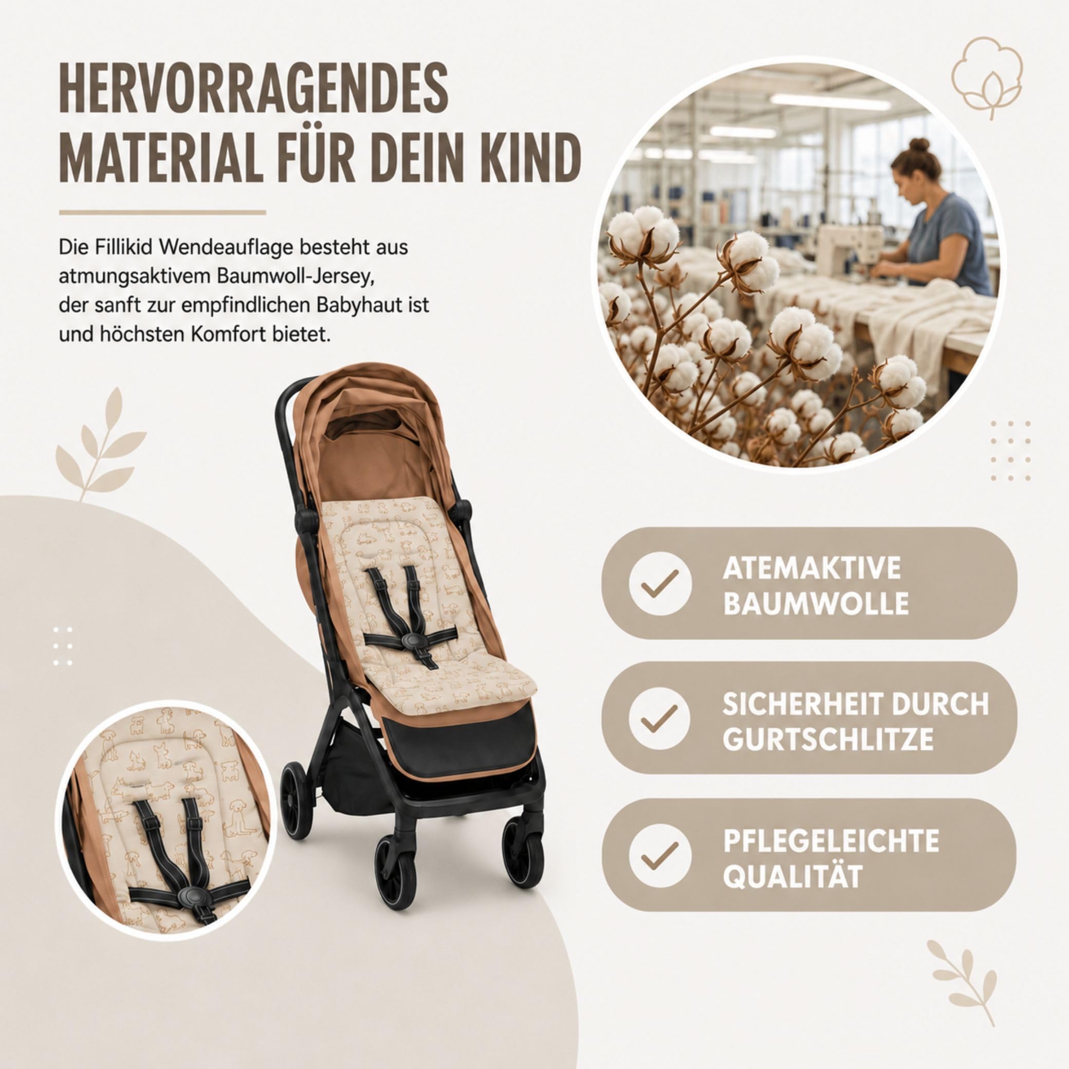 Fillikid Wendeauflage | Sitzauflage Baumwolle Jersey für Buggy und Kinderwagen mit Gurtschlitze | Einlage zum Abnehmen Zubehör Sommer & Übergangszeit | komfortable Sitzunterlage Babywagen
