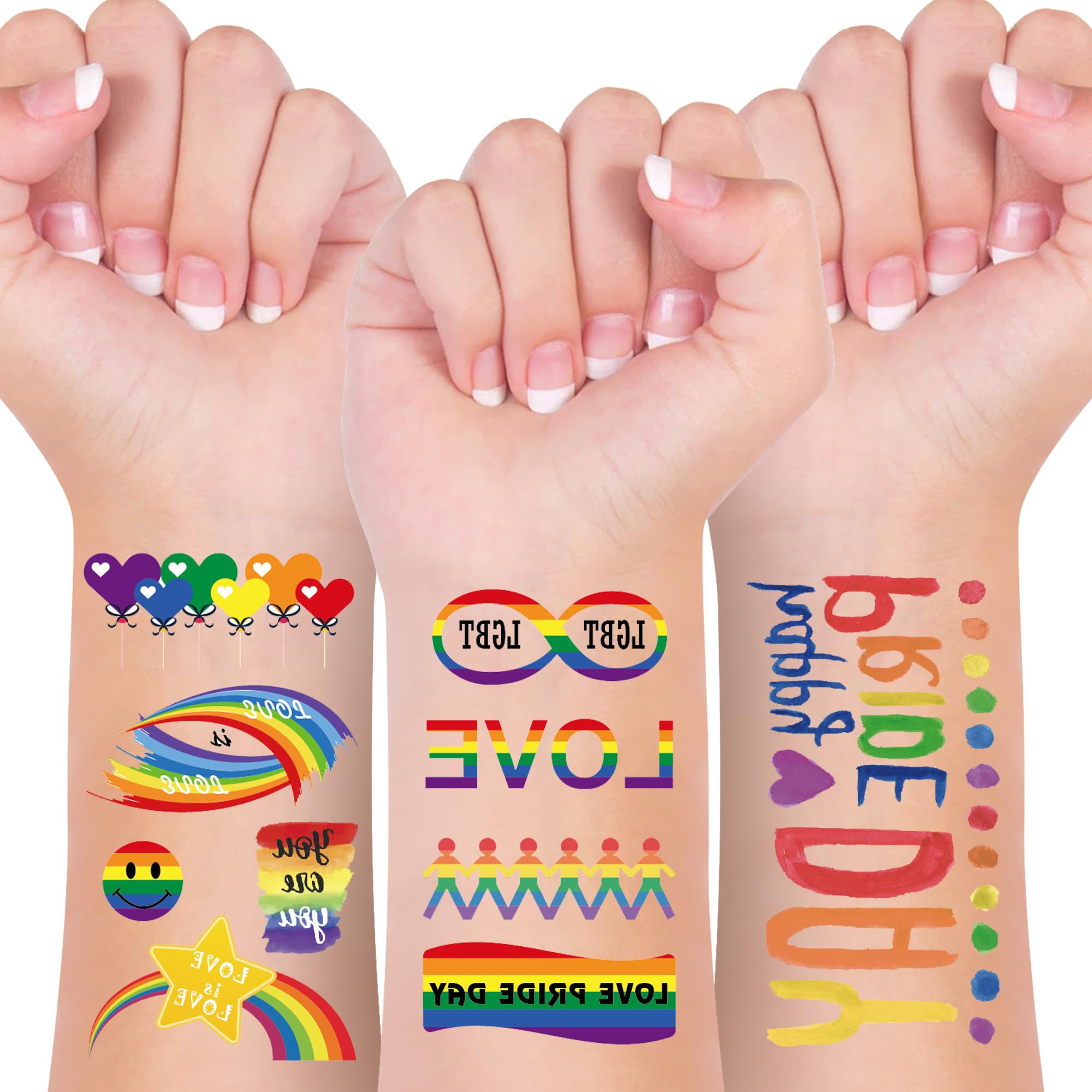 72Pcs Pride Temporary Tattoos，Gay Rainbow Temporary Tattoos，LGBT Flower Heart Love Temporary Tattoo Stickers for Women Men Adults Pride Equality Parades and Celebrations