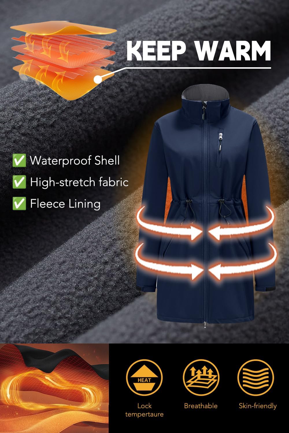 Women’s Softshell Jacket Lightweight Long Rain Coat Hooded Waterproof Windproof Fleece Lined Insulated Windbreaker - Image 3