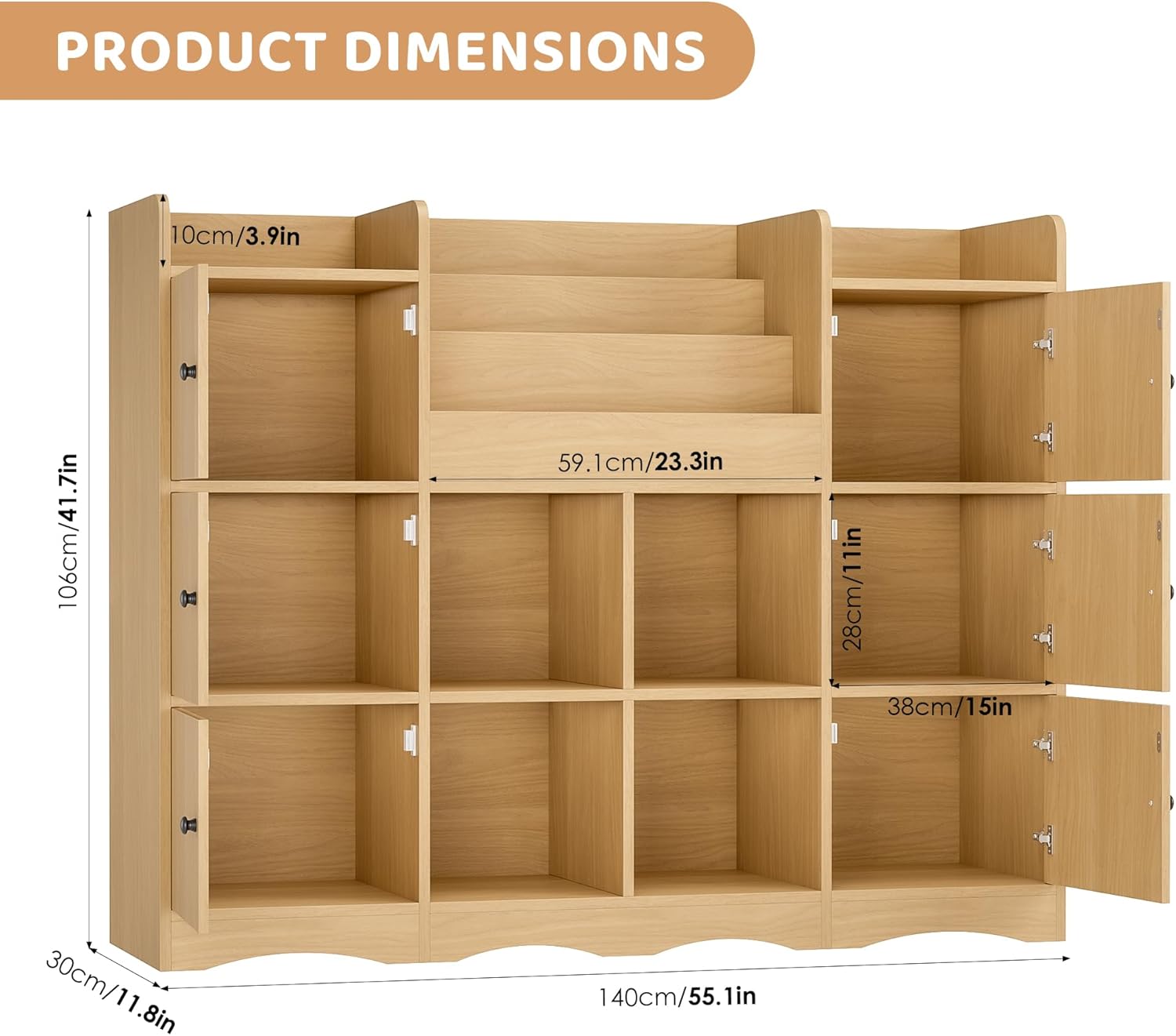 FINETONES Toy Shelf and Toy Storage, 55" Large Kids Bookshelf Toy Organizers and Storage with 10 Cubbies and 4 Tier Shelf, Toy Organizer and Chest with Raised-Edge Top Shelf for Playroom, Natural